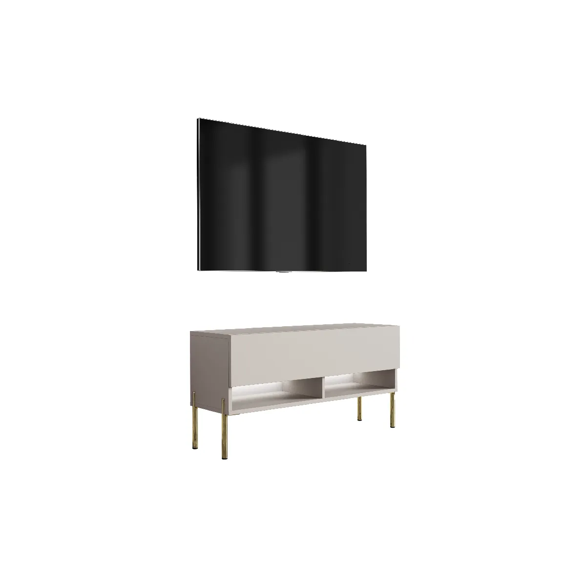 Meuble TV 100 cm Cachemire, pieds droits dorés, LED blanche, 100 x 32 x 52 cm