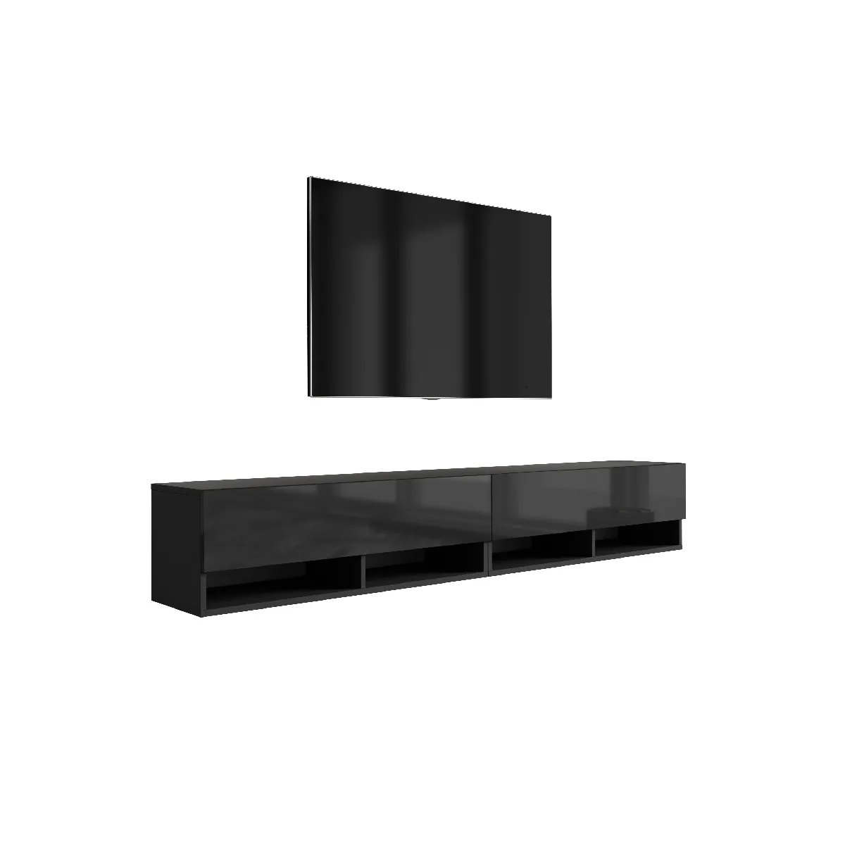 Meuble TV 200 (2 x 100) cm Noir Mat / Noir Brillant, 200 x 32 x 52 cm
