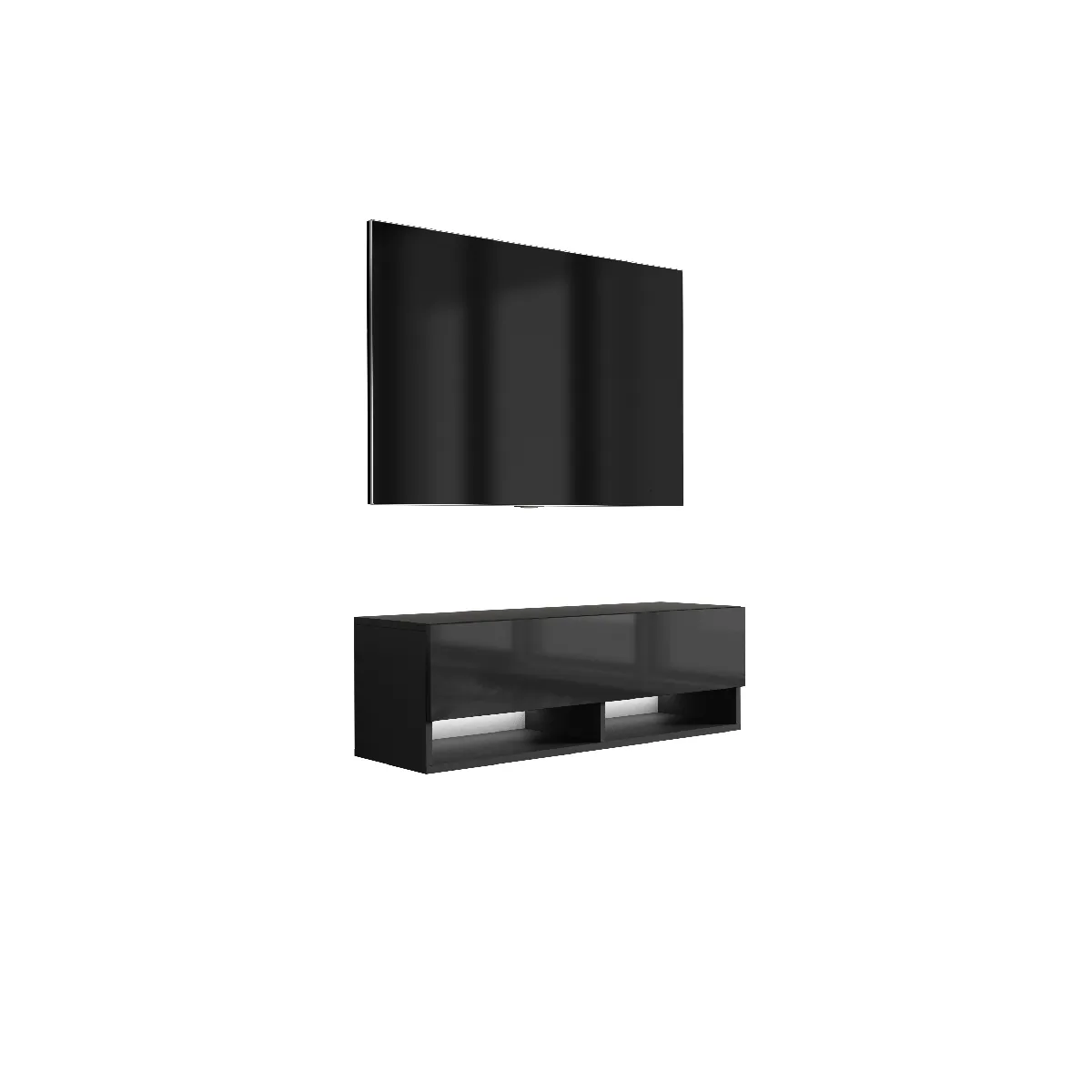 Meuble TV 100 cm Noir Mat / Noir Brillant, LED blanche, 100 x 32 x 34 cm