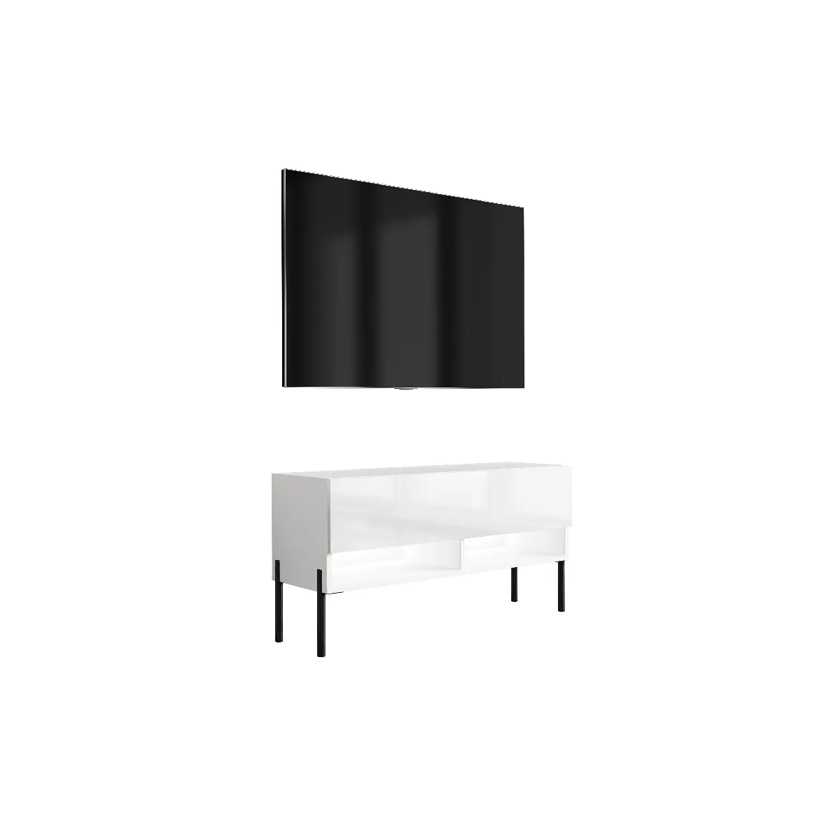 Meuble TV 100 cm Blanc Mat / Blanc Brillant, pieds droits noirs, LED blanche, 100 x 32 x 52 cm