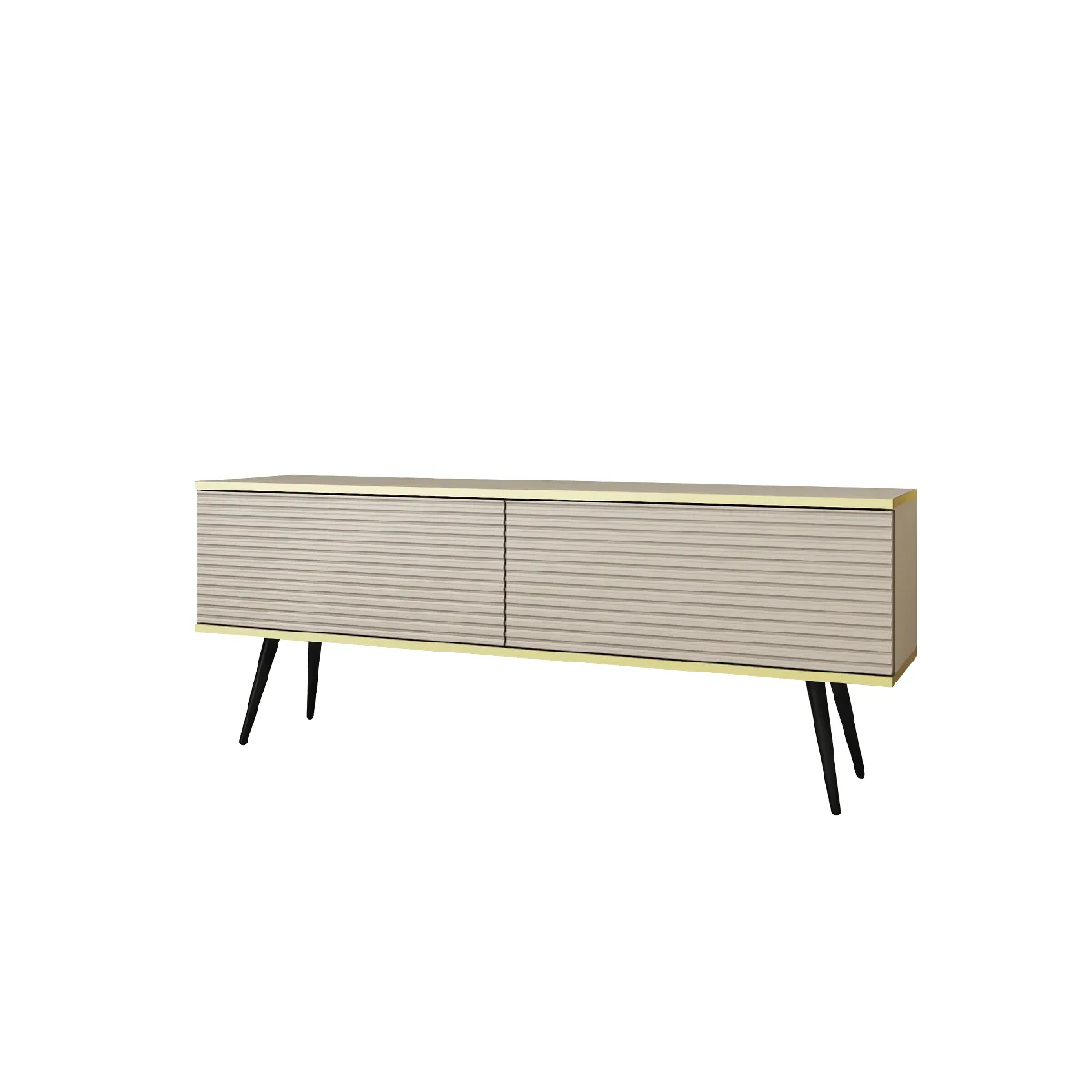 Meuble TV Avec Lamelles Beige, pieds Noir, 135 x 32 x 53 cm, Push to Open