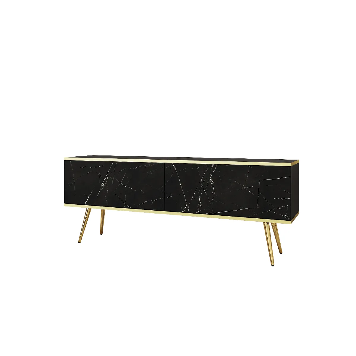 Meuble TV, Noir, pieds Or, 135 x 32 x 53 cm, Push to Open