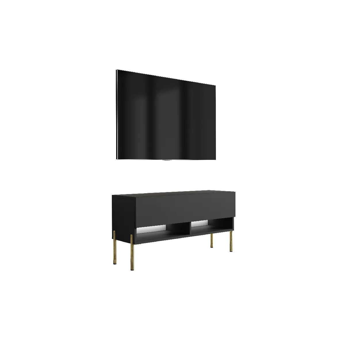 Meuble TV 100 cm Noir Mat, pieds droits dorés, LED blanche, 100 x 32 x 52 cm