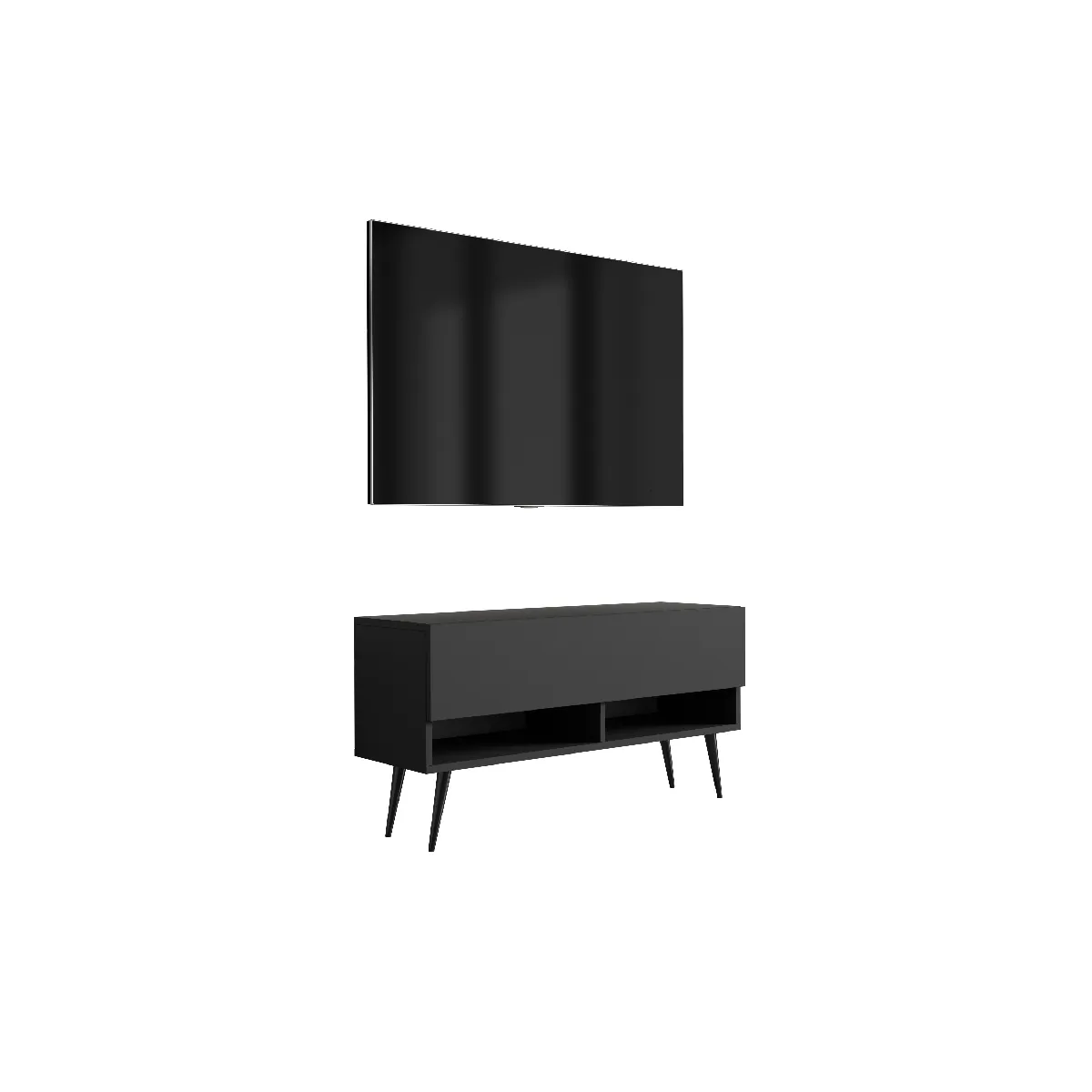 Meuble TV 100 cm Noir Mat, pieds obliques noirs, 100 x 32 x 52 cm