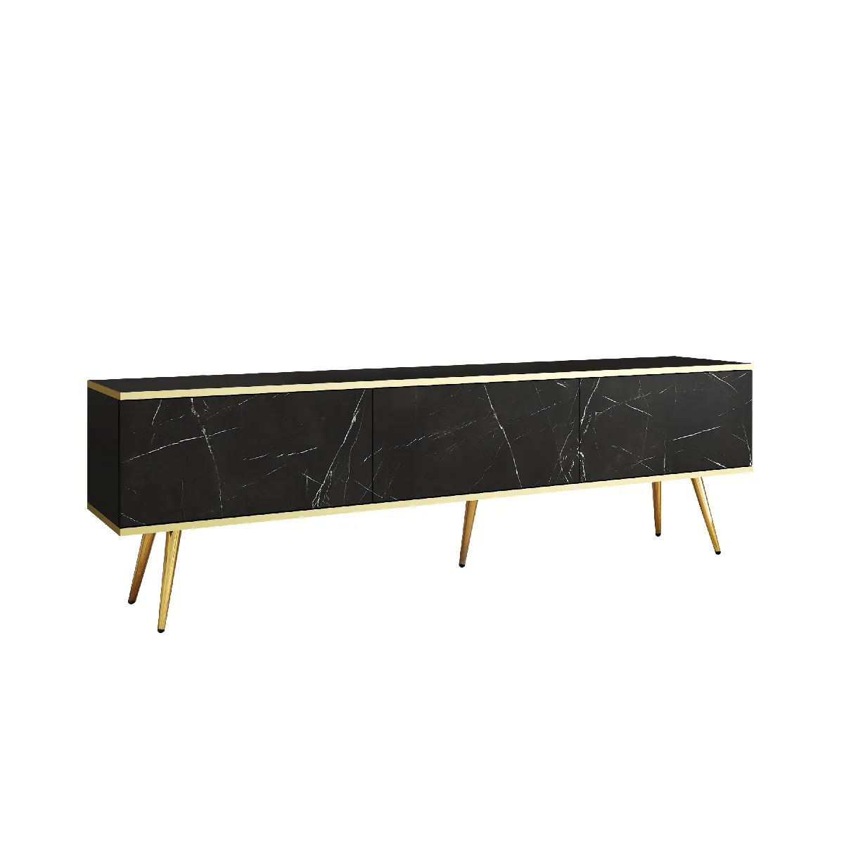 Meuble TV, Noir, pieds Or, 175 x 32 x 53 cm, Push to Open