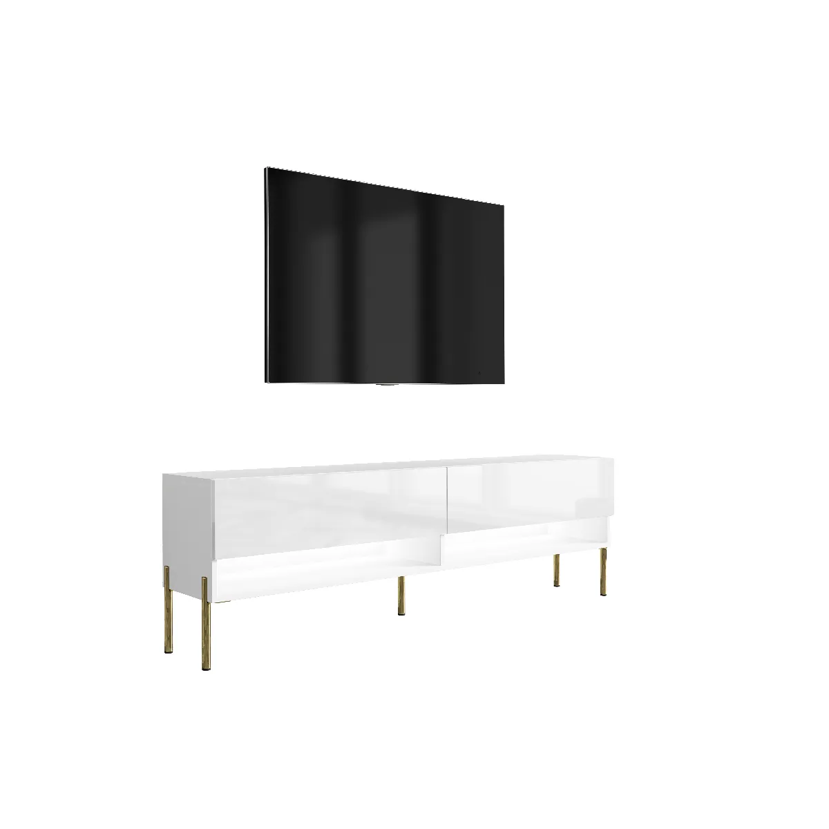 Meuble TV 170 cm Blanc Mat / Blanc Brillant, pieds droits dorés, LED blanche, 170 x 32 x 52 cm