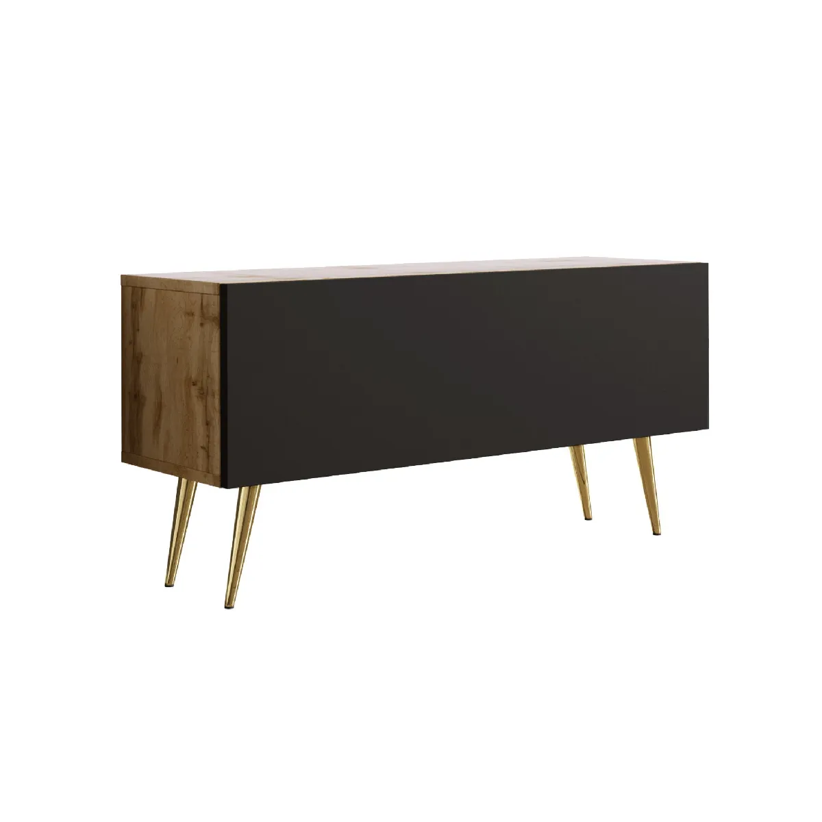 Meuble TV: Chêne Wotan/Noir Mat, Pieds Dorés, 100 x 52 x 32 cm