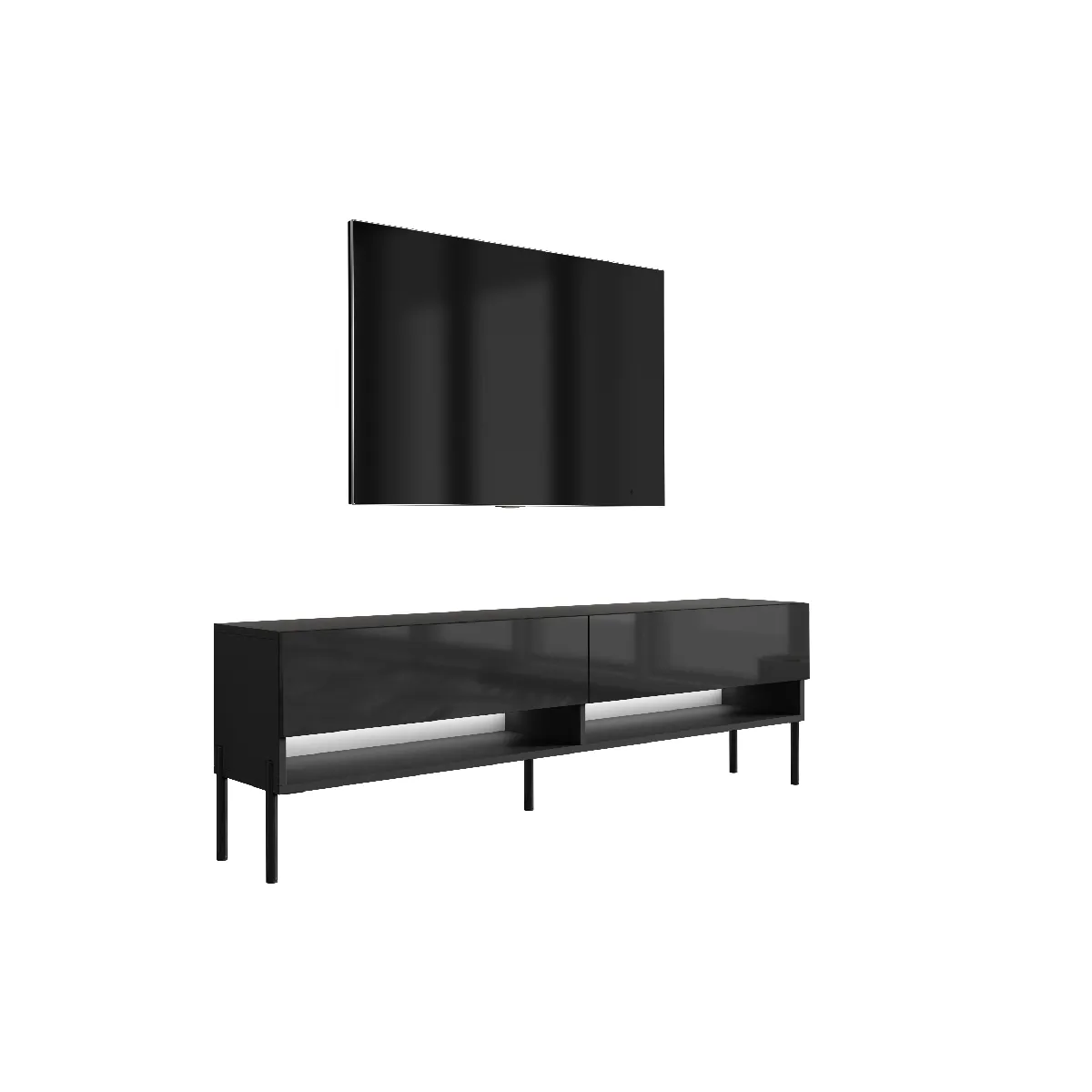 Meuble TV 170 cm Noir Mat / Noir Brillant, pieds droits noirs, LED blanche, 170 x 32 x 52 cm