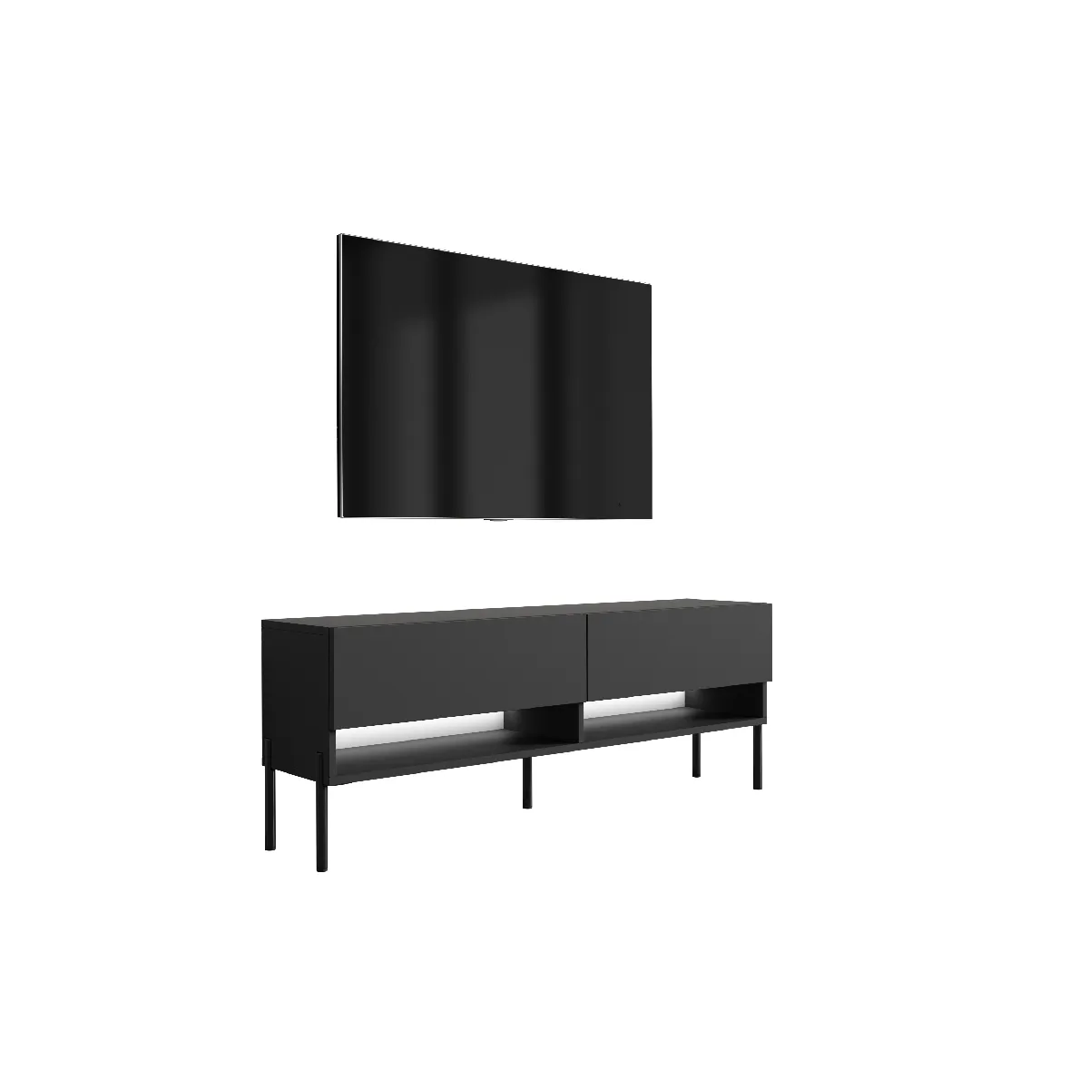 Meuble TV 140 cm Noir Mat, pieds droits noirs, LED blanche, 140 x 32 x 52 cm