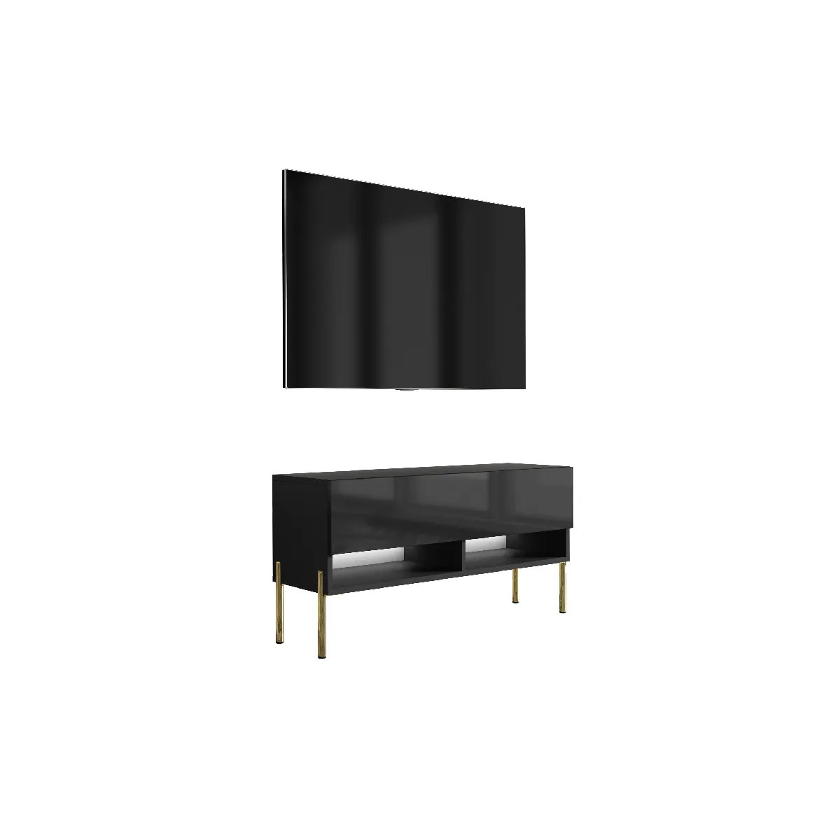 Meuble TV 100 cm Noir Mat / Noir Brillant, pieds droits dorés, LED blanche, 100 x 32 x 52 cm
