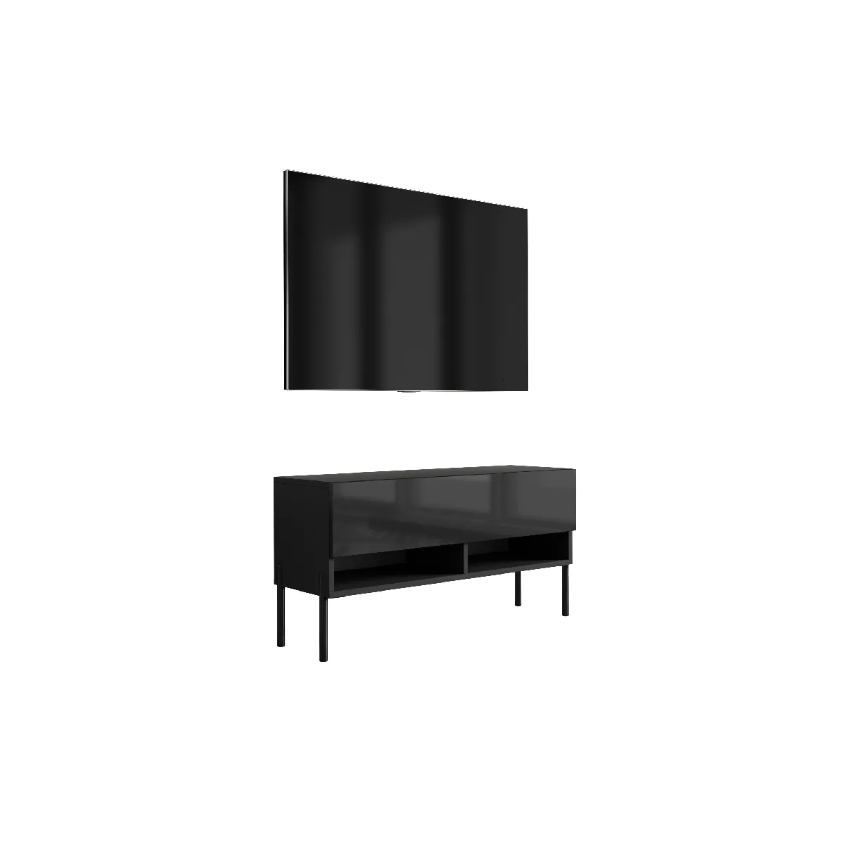Meuble TV 100 cm Noir Mat / Noir Brillant, pieds droits noirs, 100 x 32 x 52 cm