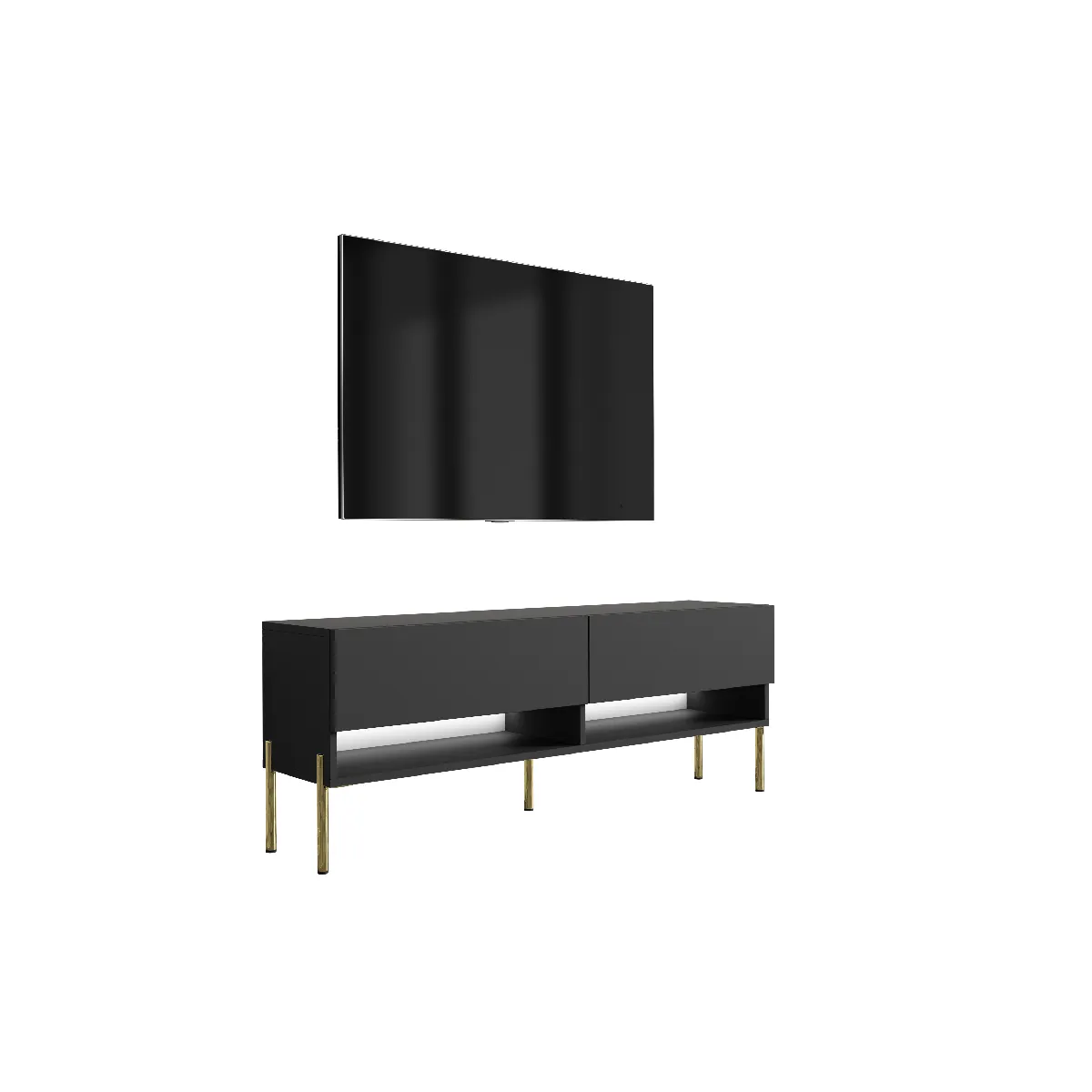 Meuble TV 140 cm Noir Mat, pieds droits dorés, LED blanche, 140 x 32 x 52 cm