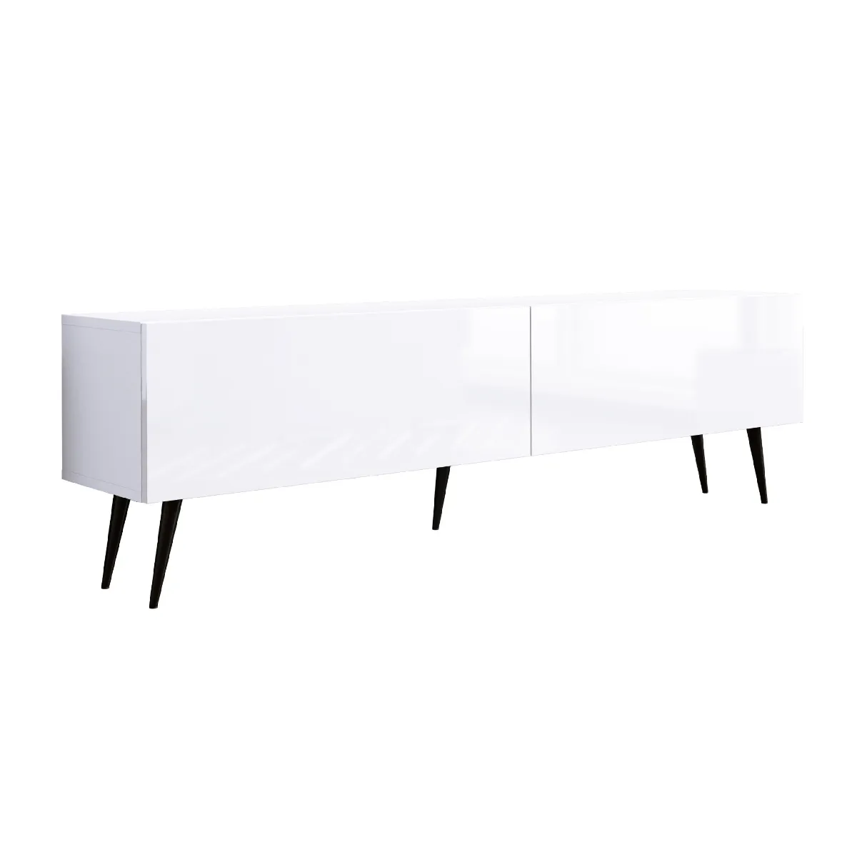 Meuble TV: Blanc Mat/Blanc Brillant, Pieds Noirs, 170 X 52 X 32 Cm