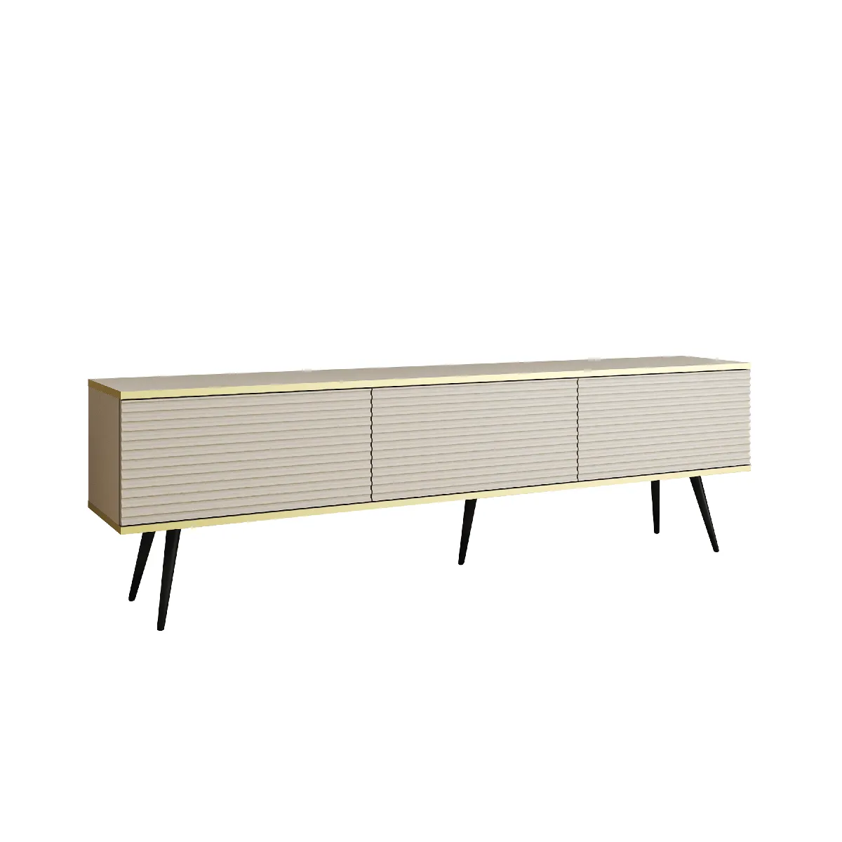 Meuble TV Avec Lamelles Beige, pieds Noir, 175 x 32 x 53 cm, Push to Open