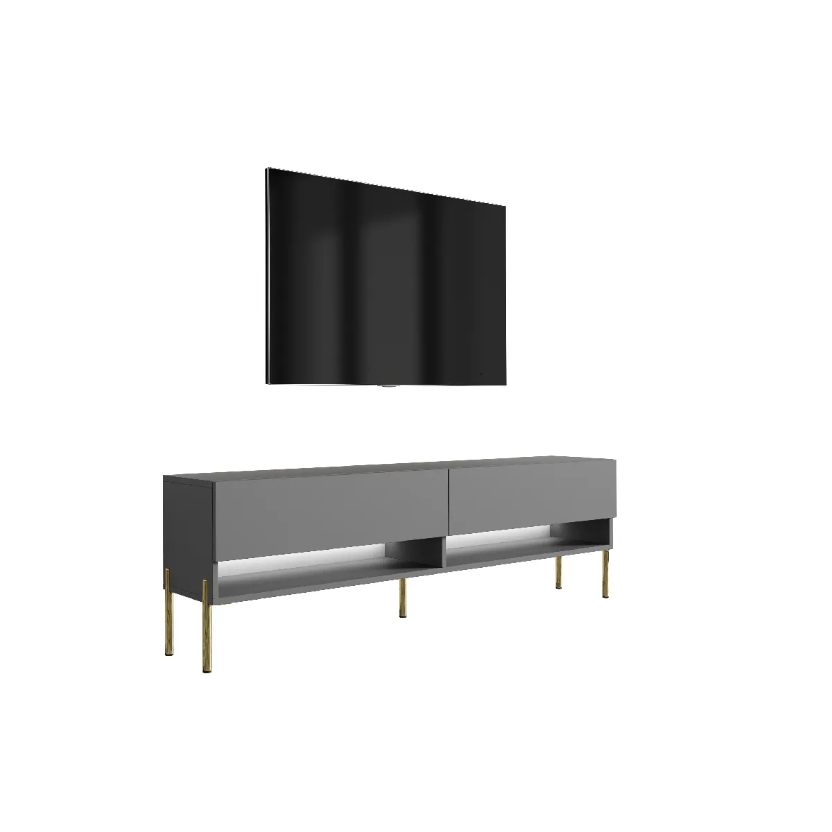 Meuble TV 170 cm Grey, pieds droits dorés, LED blanche, 170 x 32 x 52 cm