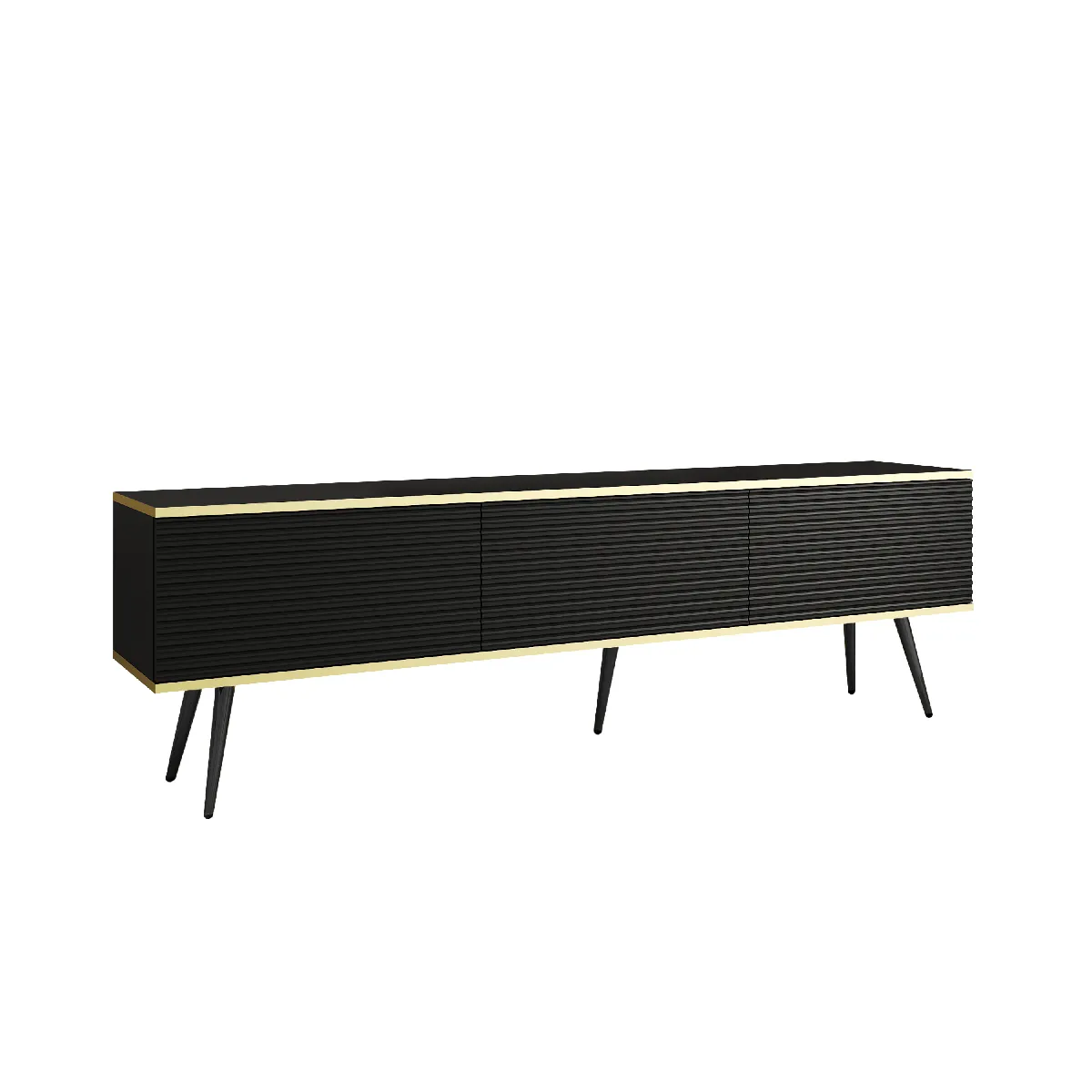 Meuble TV Avec Lamelles Noir, pieds Noir, 175 x 32 x 53 cm, Push to Open