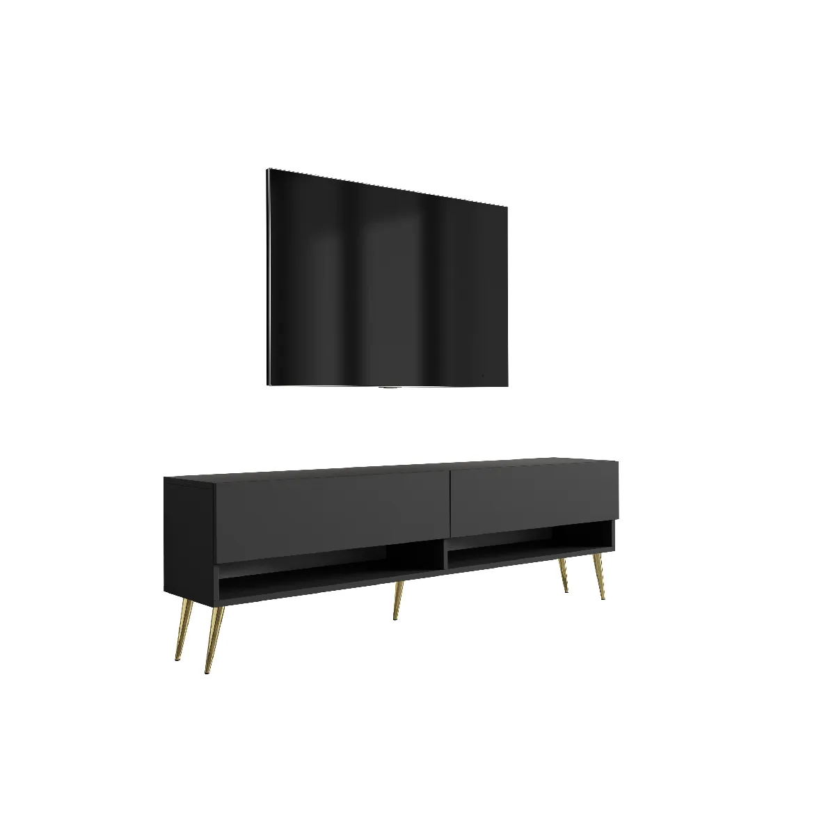Meuble TV 170 cm Noir Mat, pieds obliques dorés, 170 x 32 x 52 cm