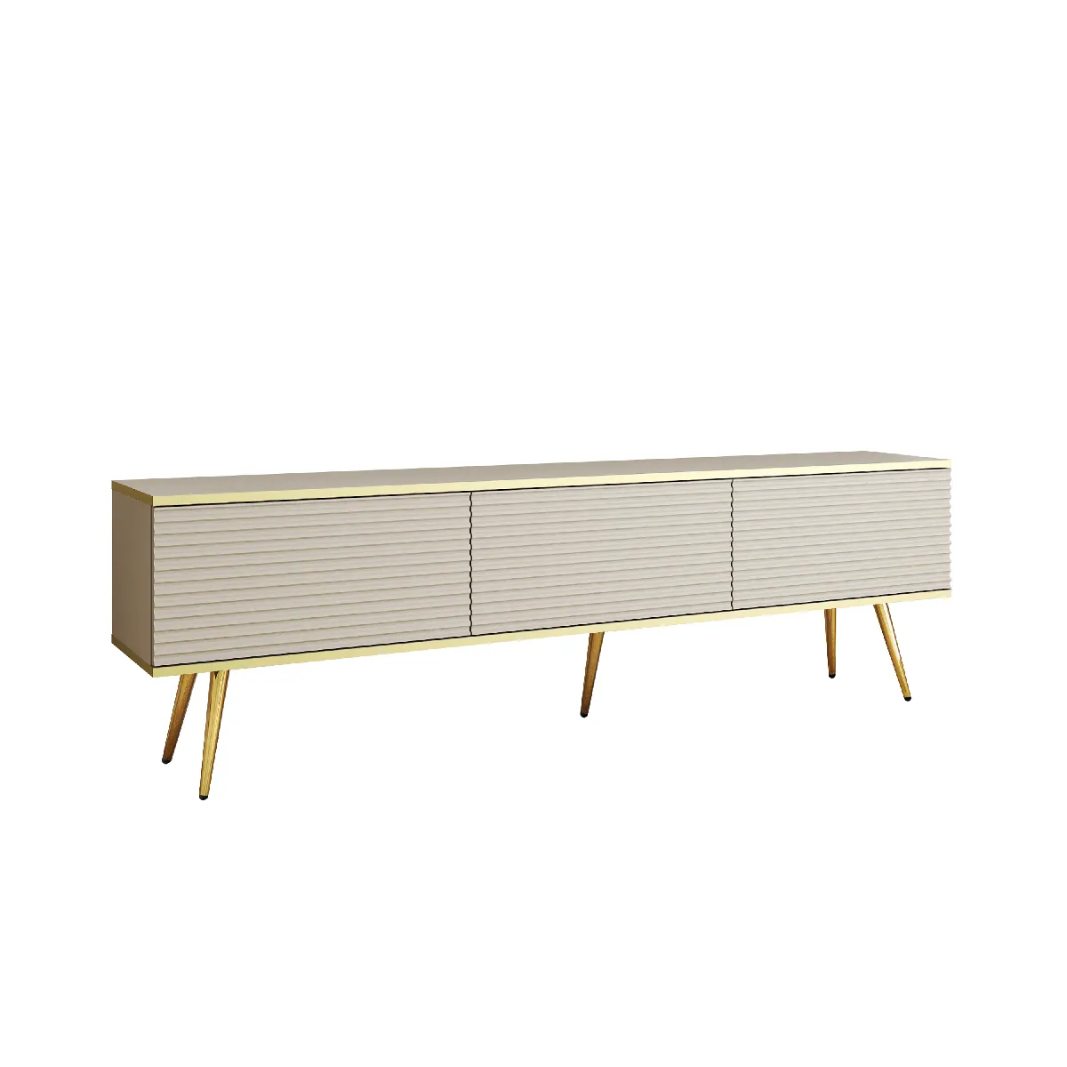 Meuble TV Avec Lamelles Beige, pieds Or, 175 x 32 x 53 cm, Push to Open