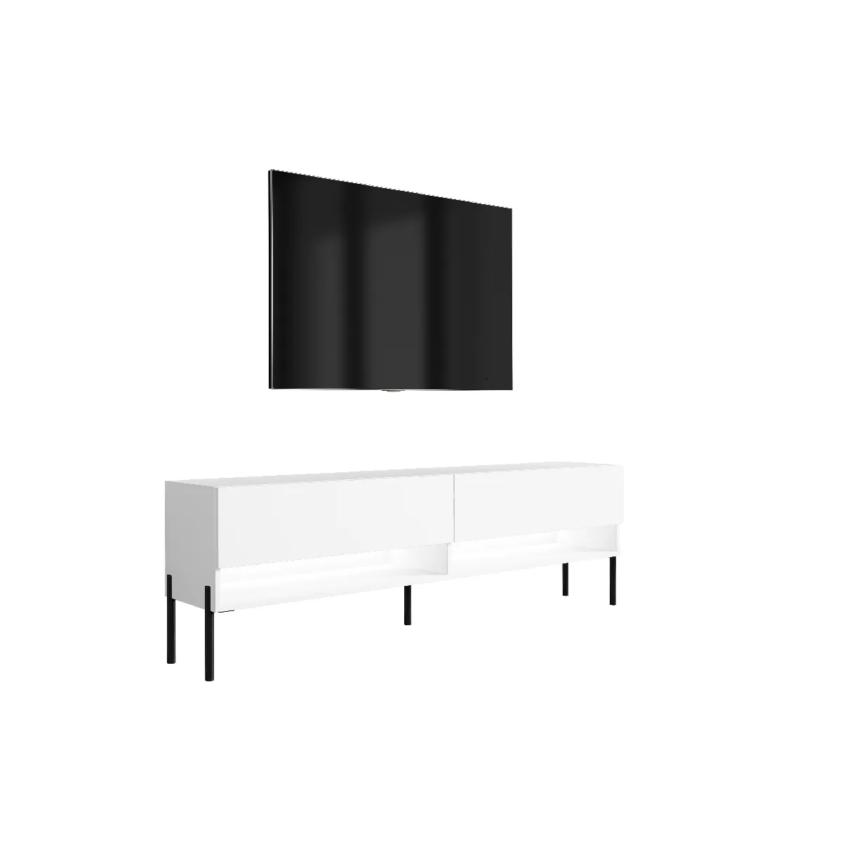 Meuble TV 170 cm Blanc Mat, pieds droits noirs, LED blanche, 170 x 32 x 52 cm