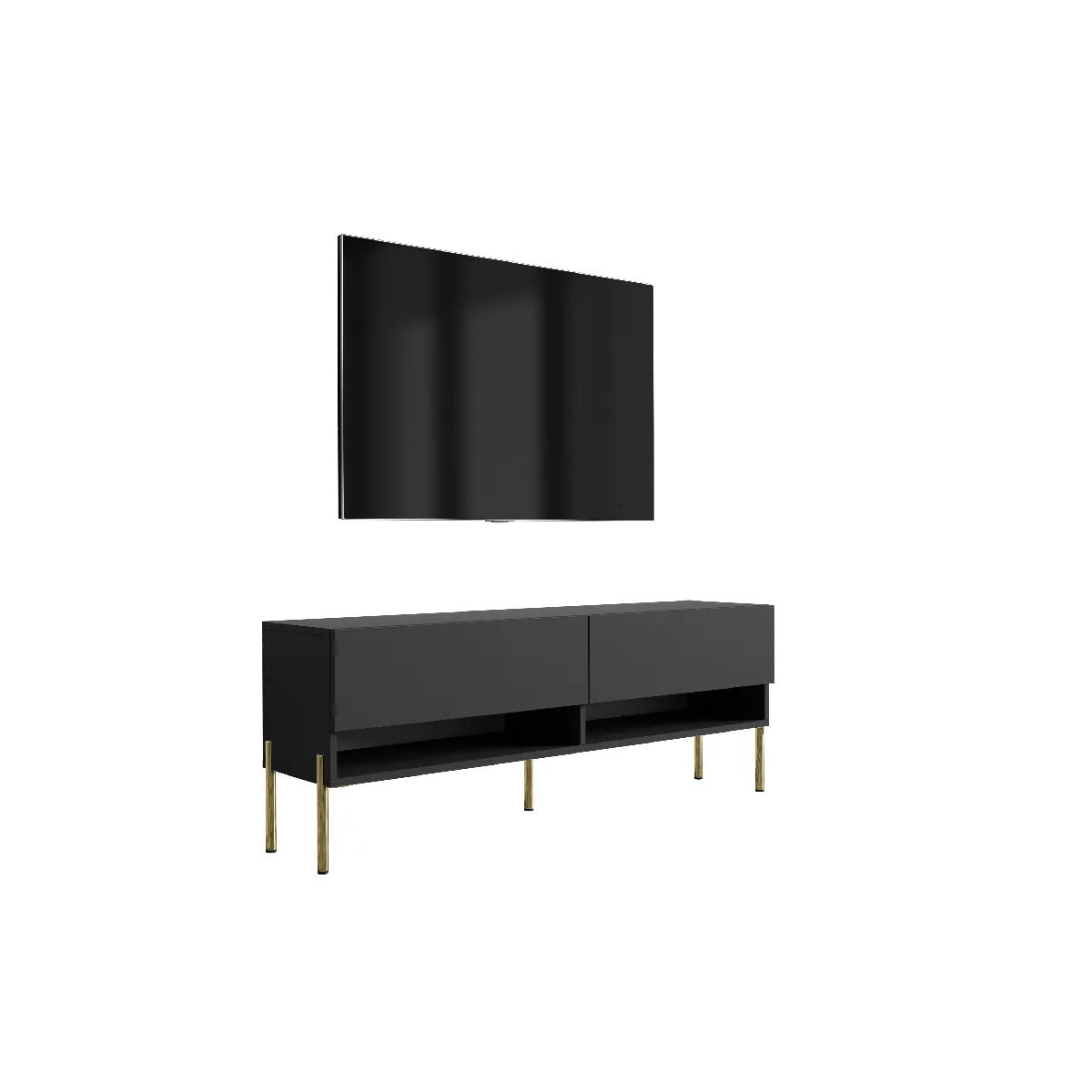 Meuble TV 140 cm Noir Mat, pieds droits dorés, 140 x 32 x 52 cm