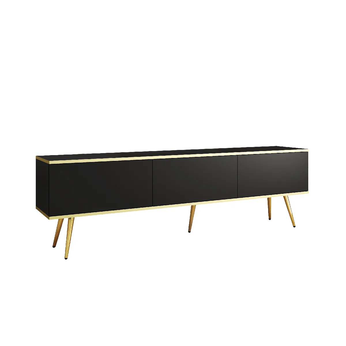 Meuble TV, Noir, pieds Or, 175 x 32 x 53 cm, Push to Open