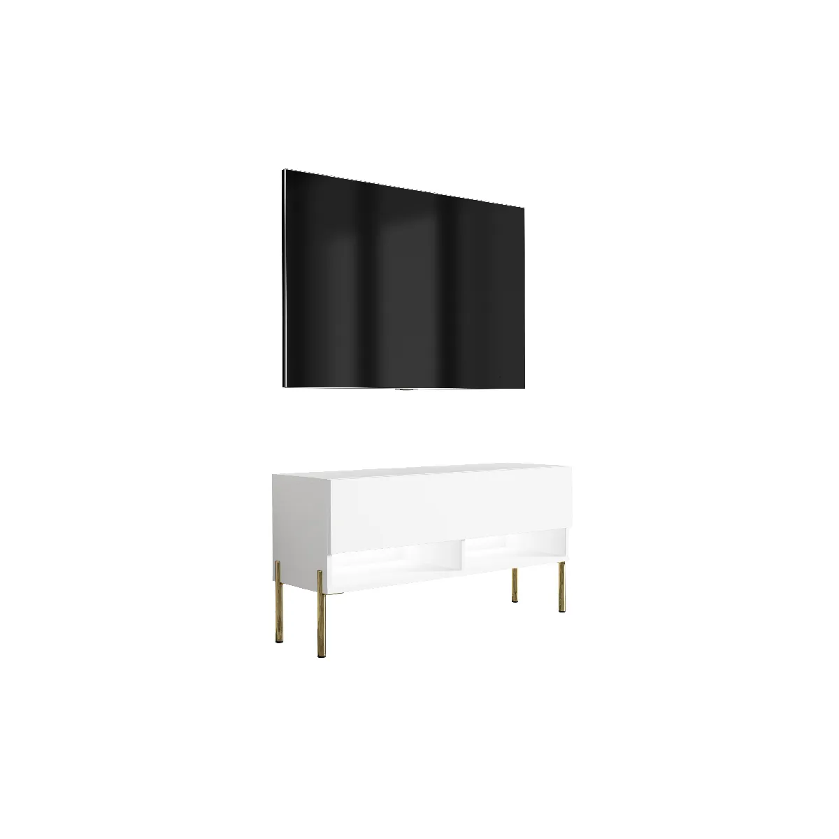 Meuble TV 100 cm Blanc Mat, pieds droits dorés, LED blanche, 100 x 32 x 52 cm