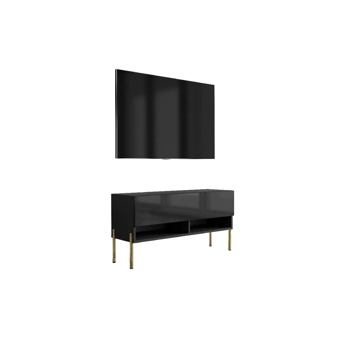 Meuble TV 100 cm Noir Mat / Noir Brillant, pieds droits dorés, 100 x 32 x 52 cm