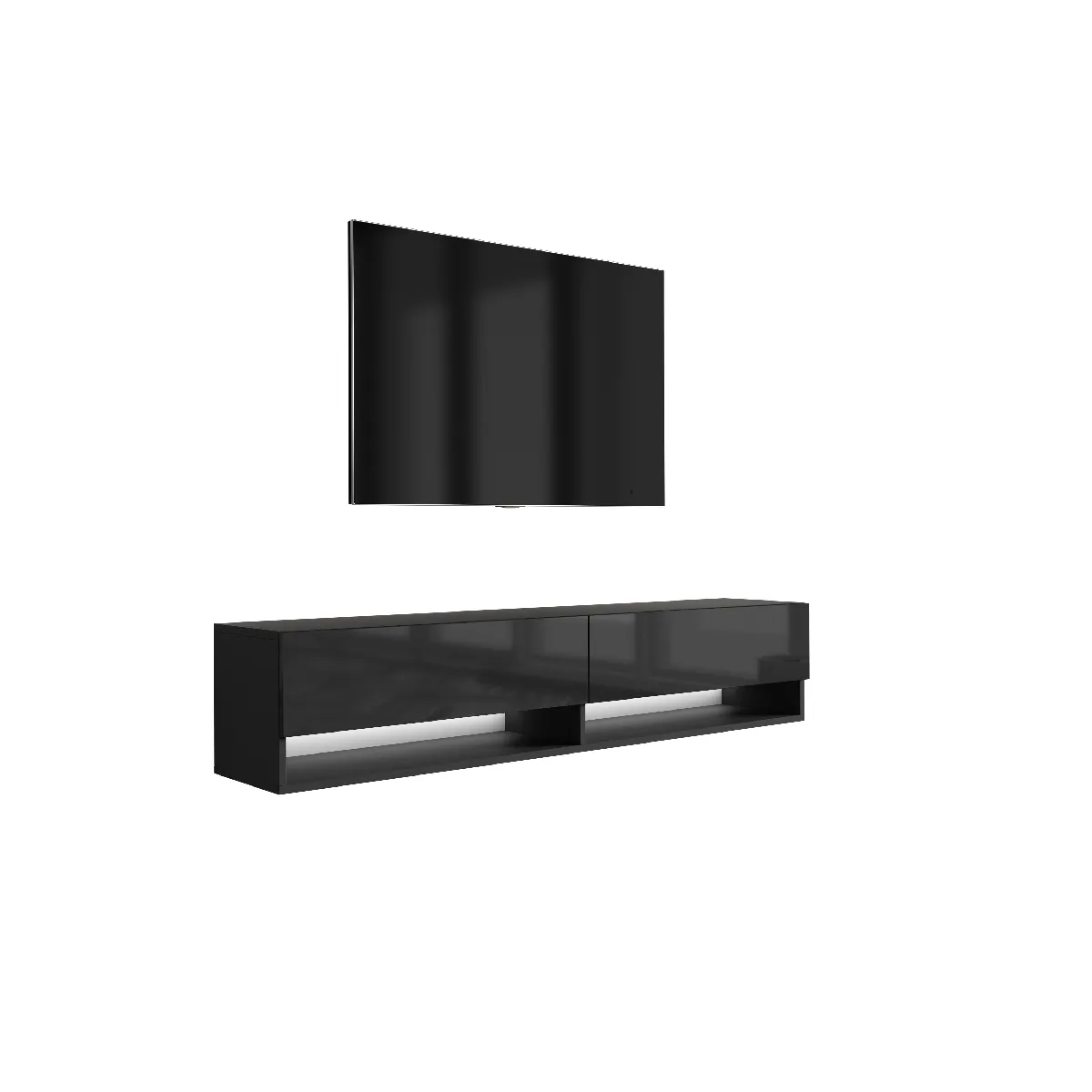 Meuble TV 170 cm Noir Mat / Noir Brillant, LED blanche, 170 x 32 x 34 cm