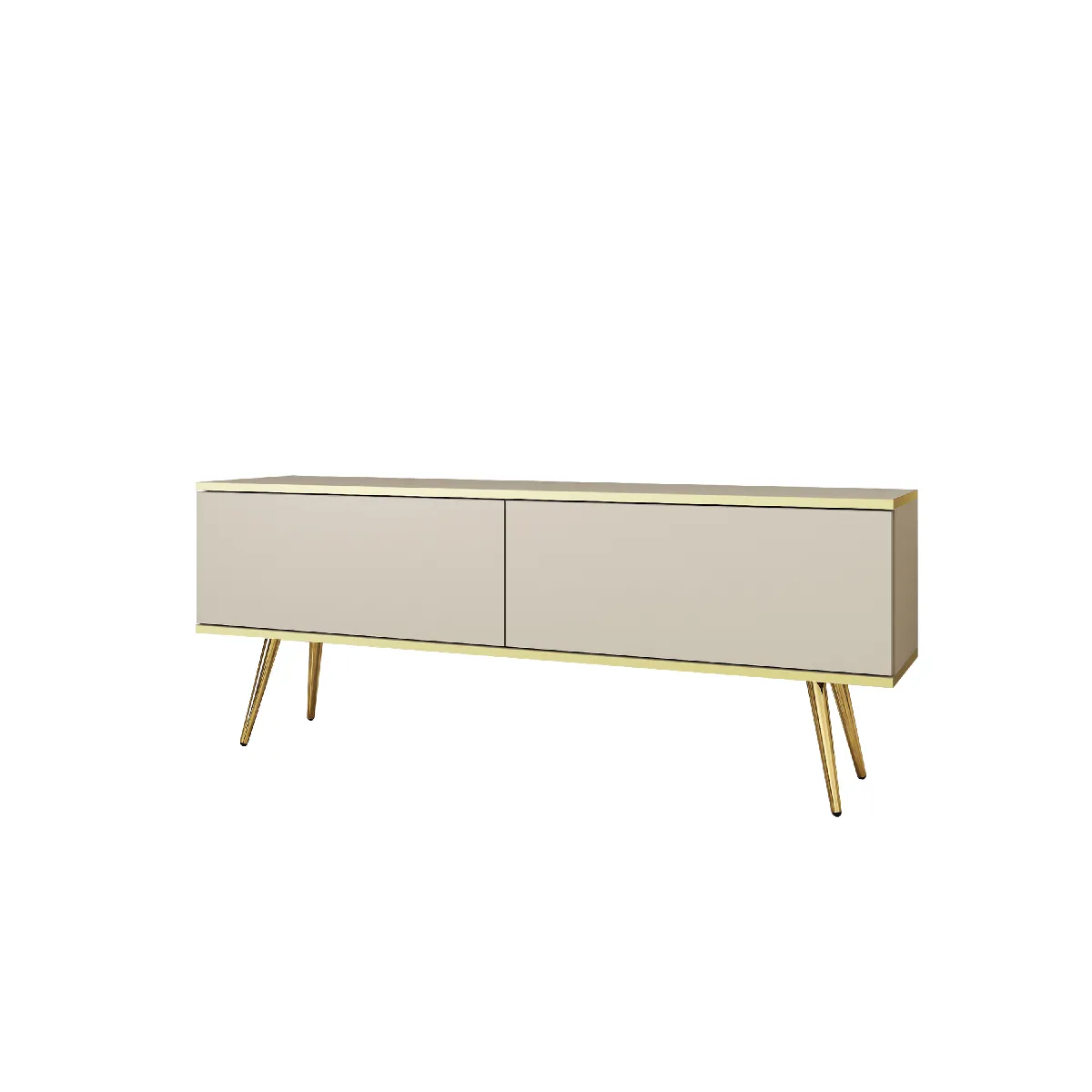 Meuble TV, Beige, pieds Or, 135 x 32 x 53 cm, Push to Open