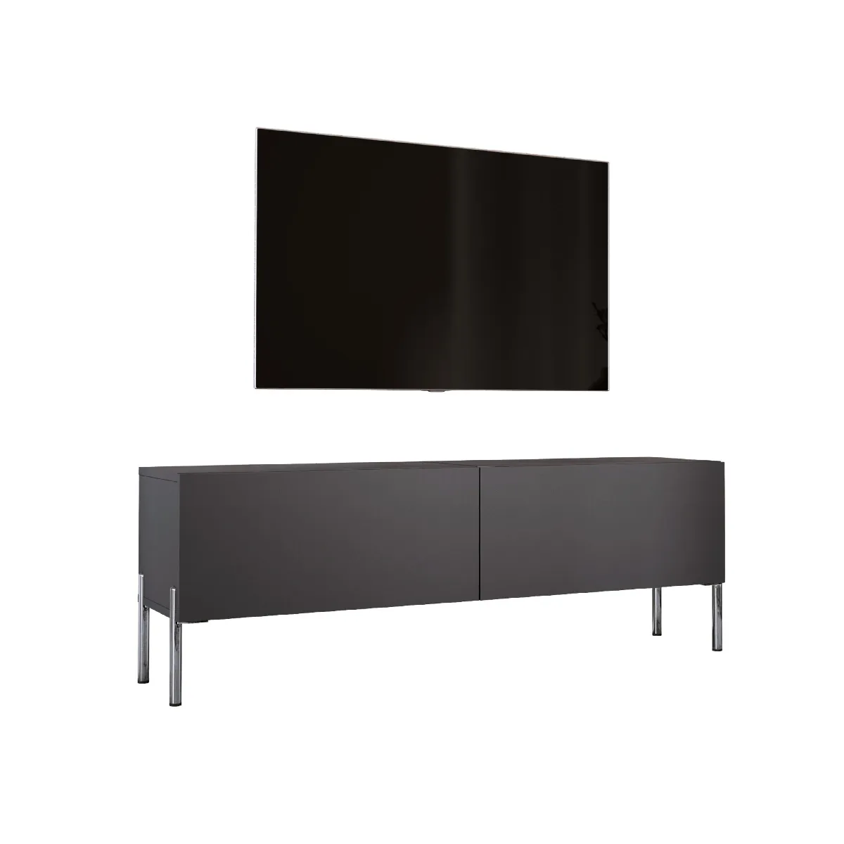 Meuble TV: Grey, Pieds Chrome, 140 X 52 X 32 Cm