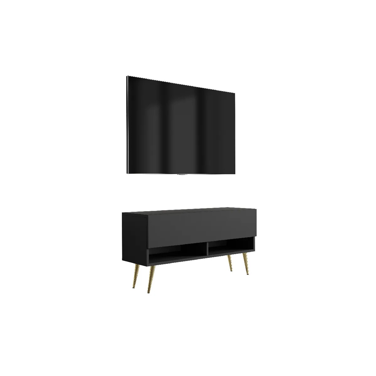 Meuble TV 100 cm Noir Mat, pieds obliques dorés, 100 x 32 x 52 cm