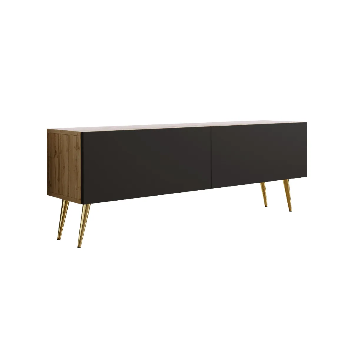 Meuble TV: Chêne Wotan/Noir Mat, Pieds Dorés, 140 x 52 x 32 cm