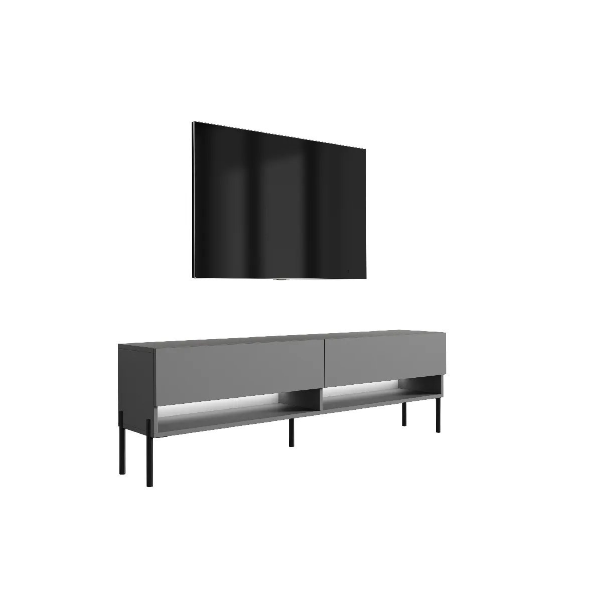 Meuble TV 170 cm Grey, pieds droits noirs, LED blanche, 170 x 32 x 52 cm