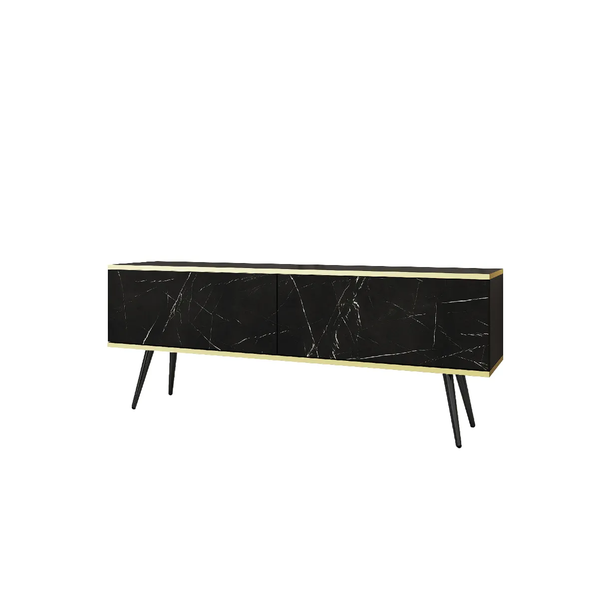 Meuble TV, Noir Mat / Noir royal marbre, pieds Noir, 135 x 32 x 53 cm, Push to Open