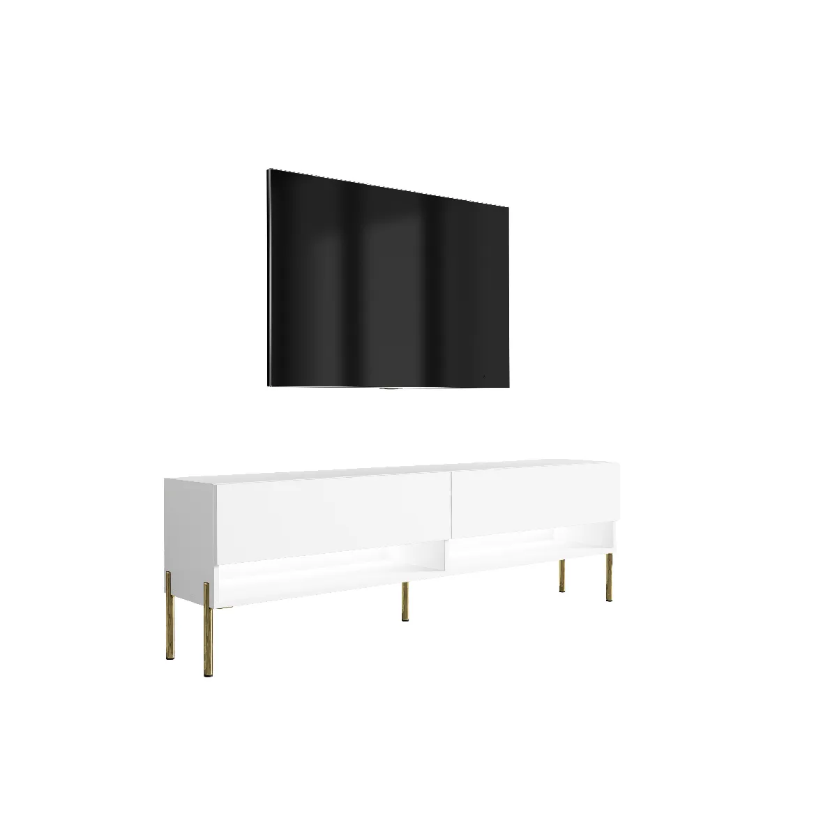 Meuble TV 170 cm Blanc Mat, pieds droits dorés, LED blanche, 170 x 32 x 52 cm