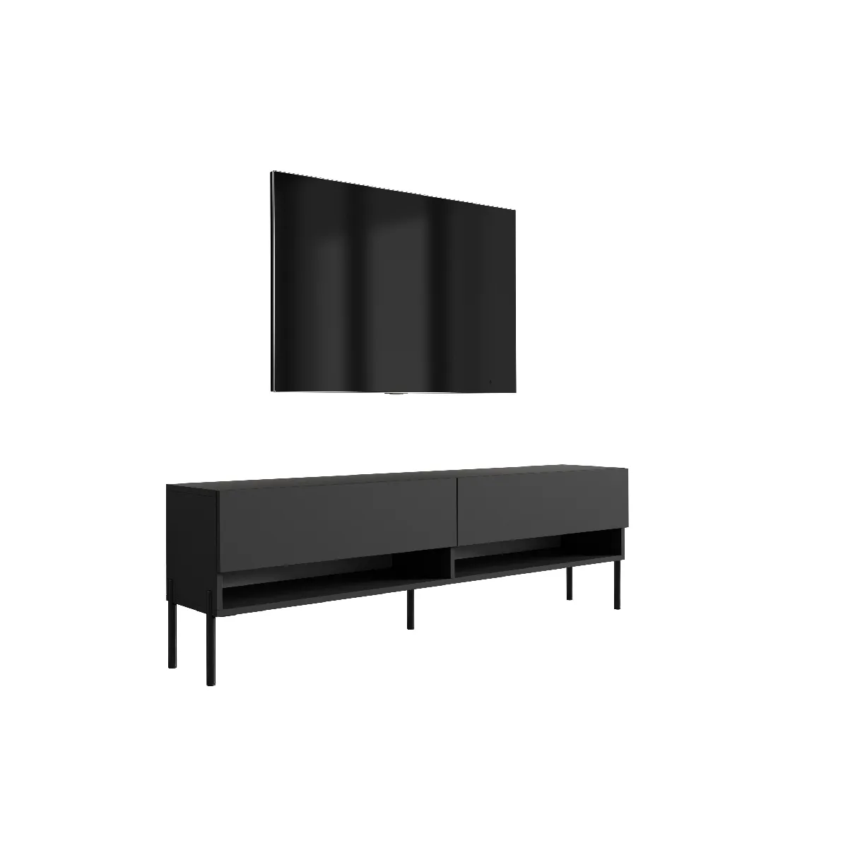 Meuble TV 170 cm Noir Mat, pieds droits noirs, 170 x 32 x 52 cm