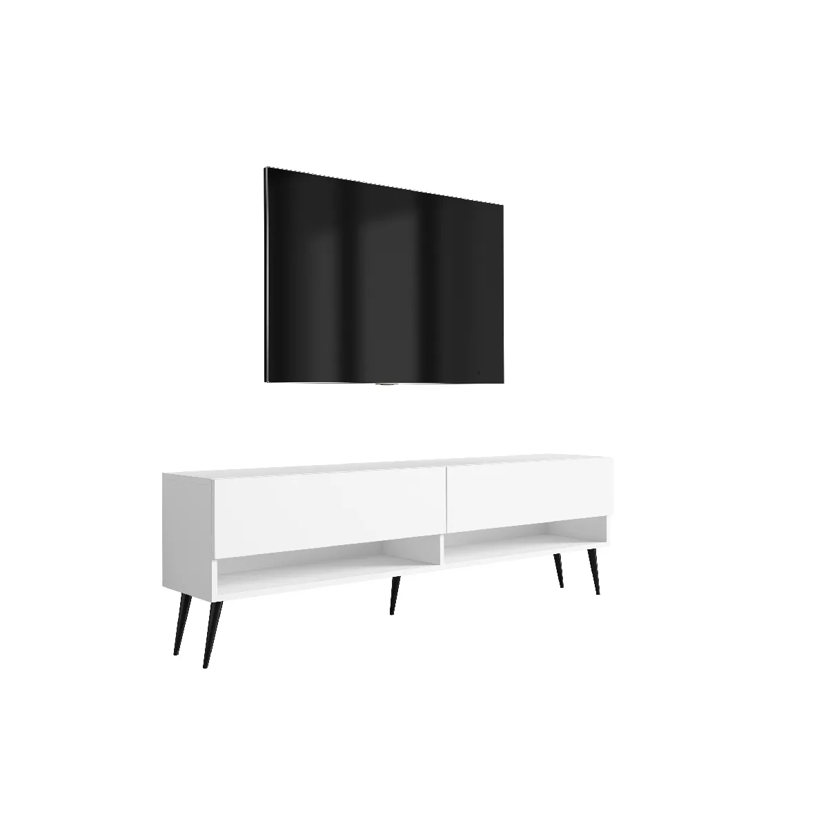 Meuble TV 170 cm Blanc Mat, pieds obliques noirs, 170 x 32 x 52 cm