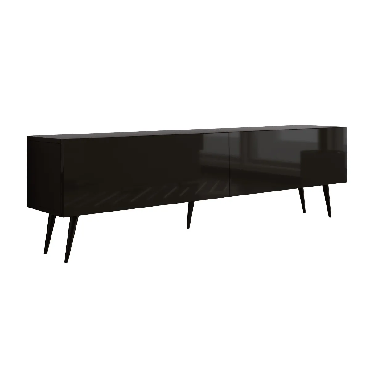 Meuble TV: Noir Mat / Noir Brillant, Pieds Noirs, 170 X 52 X 32 Cm