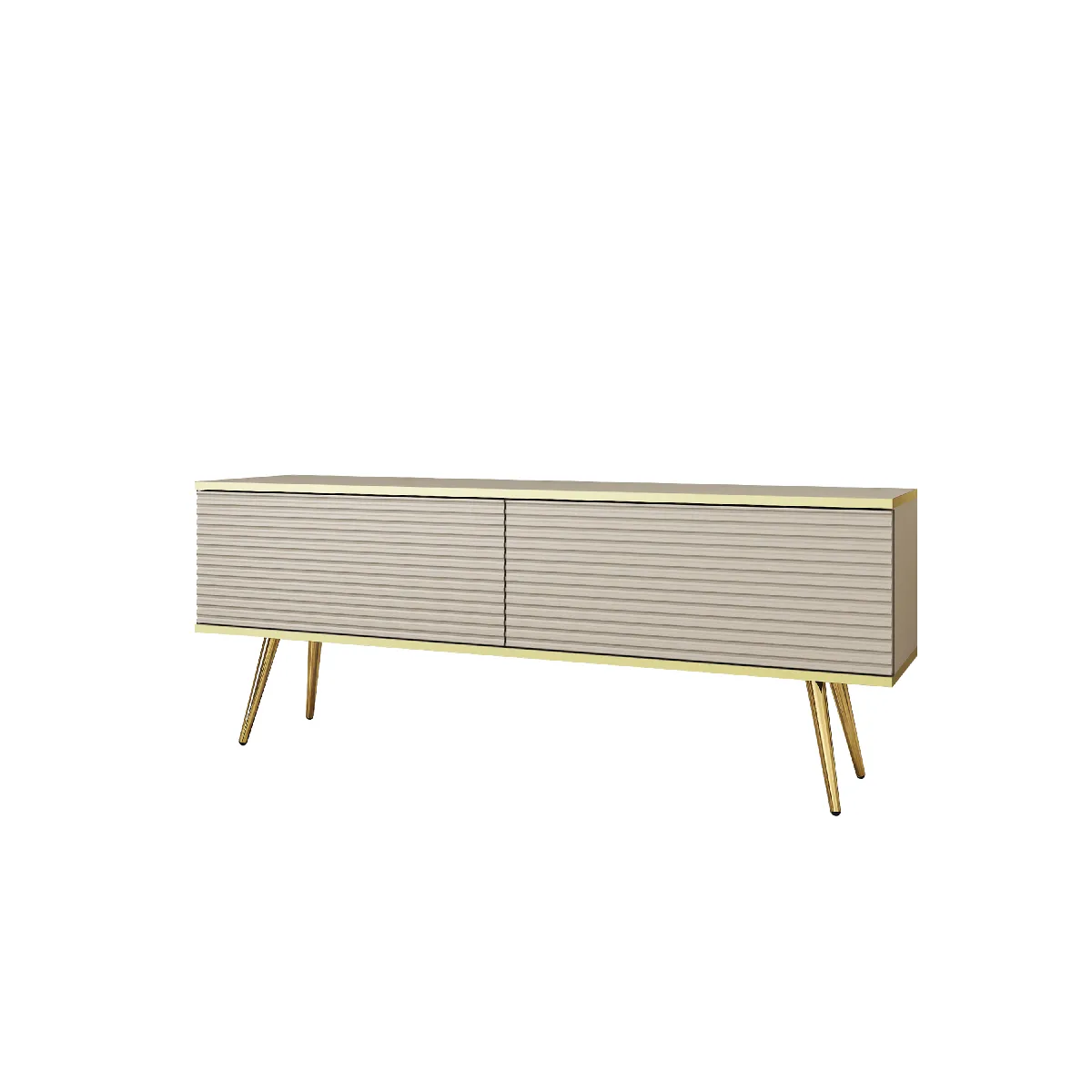 Meuble TV Avec Lamelles Beige, pieds Or, 135 x 32 x 53 cm, Push to Open