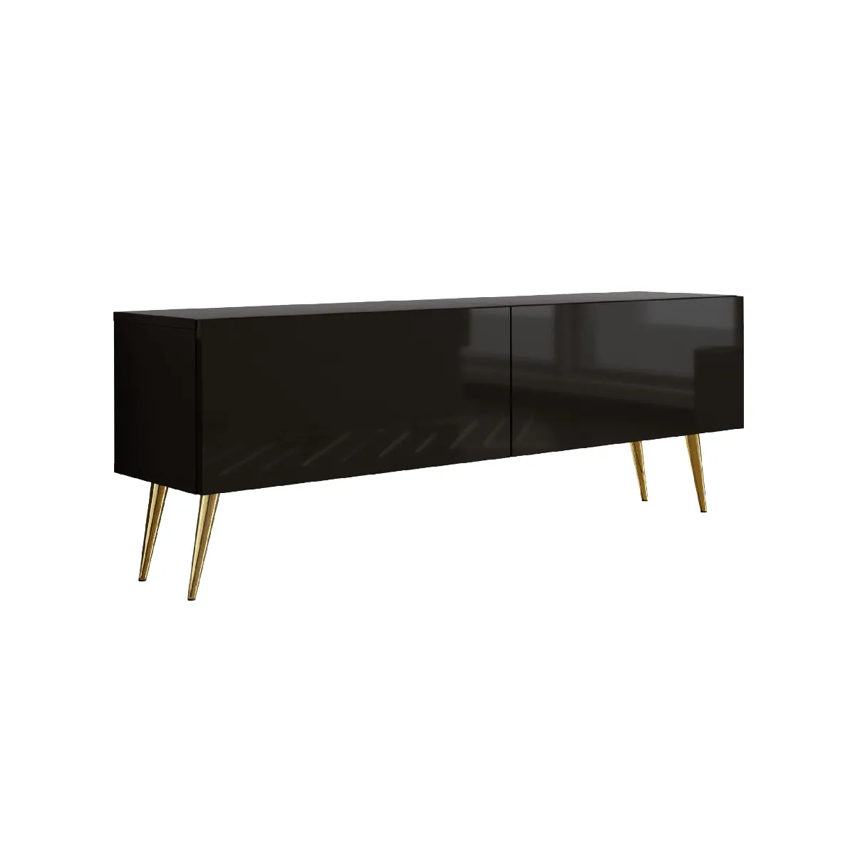 Meuble TV: Noir Mat/Noir Brillant, Pieds Dorés, 140 x 52 x 32 cm