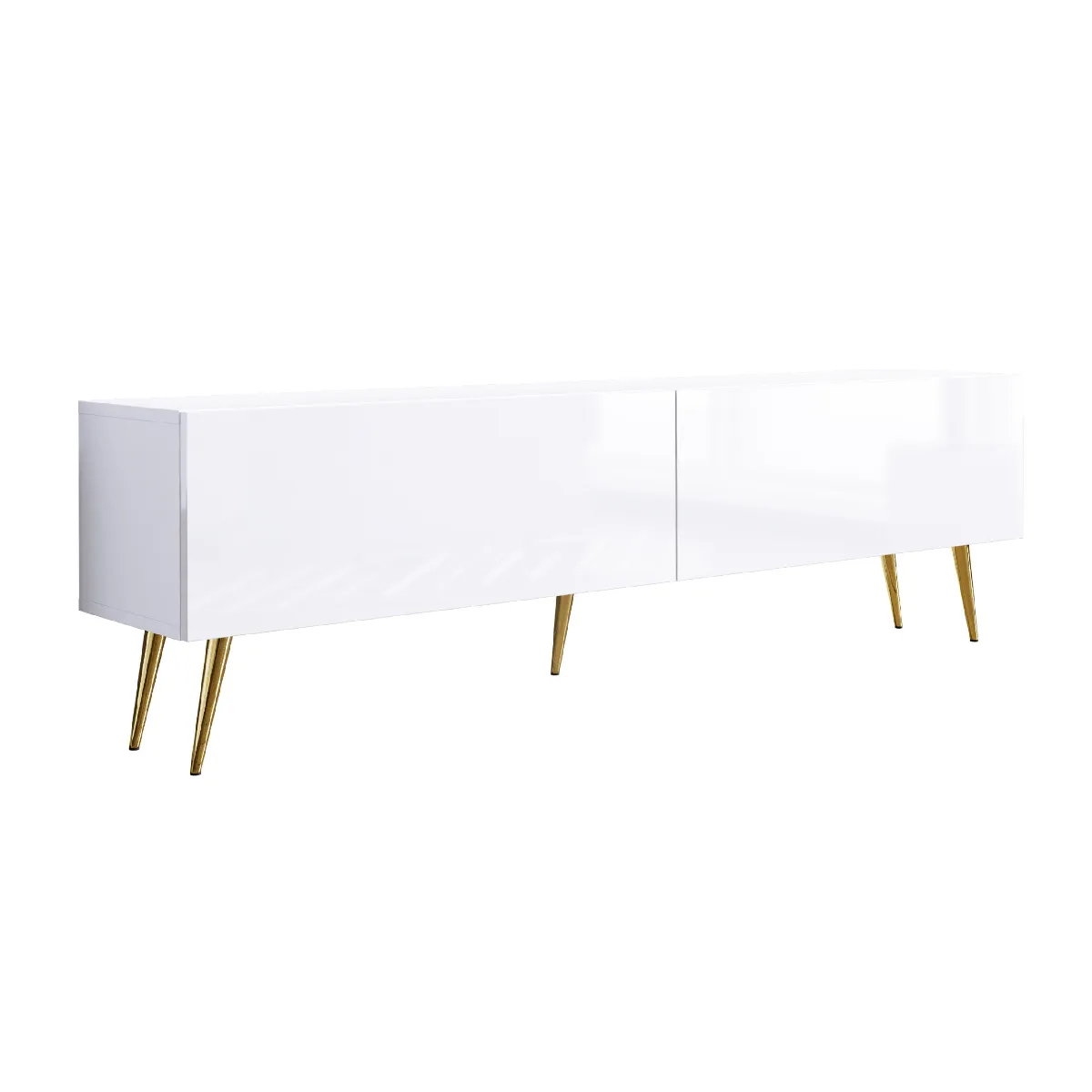 Meuble TV: Blanc Mat/Blanc Brillant, Pieds Dorés, 170 X 52 X 32 Cm