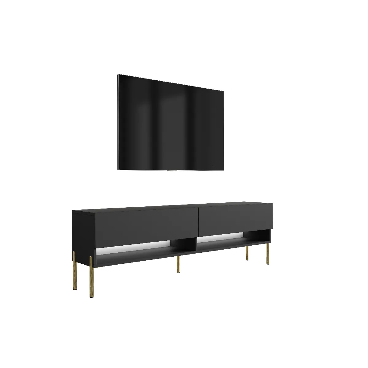 Meuble TV 170 cm Noir Mat, pieds droits dorés, LED blanche, 170 x 32 x 52 cm