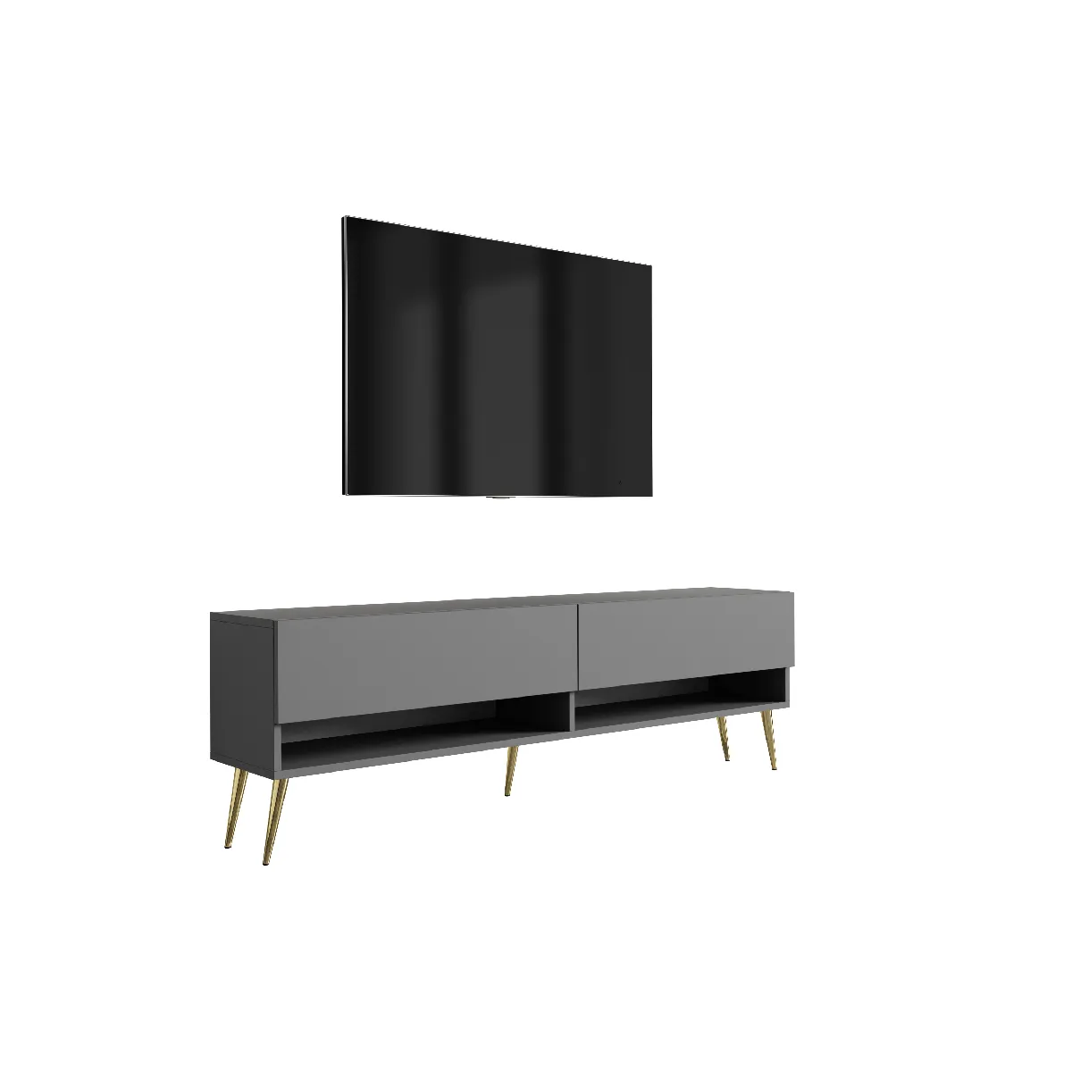 Meuble TV 170 cm Grey, pieds obliques dorés, 170 x 32 x 52 cm