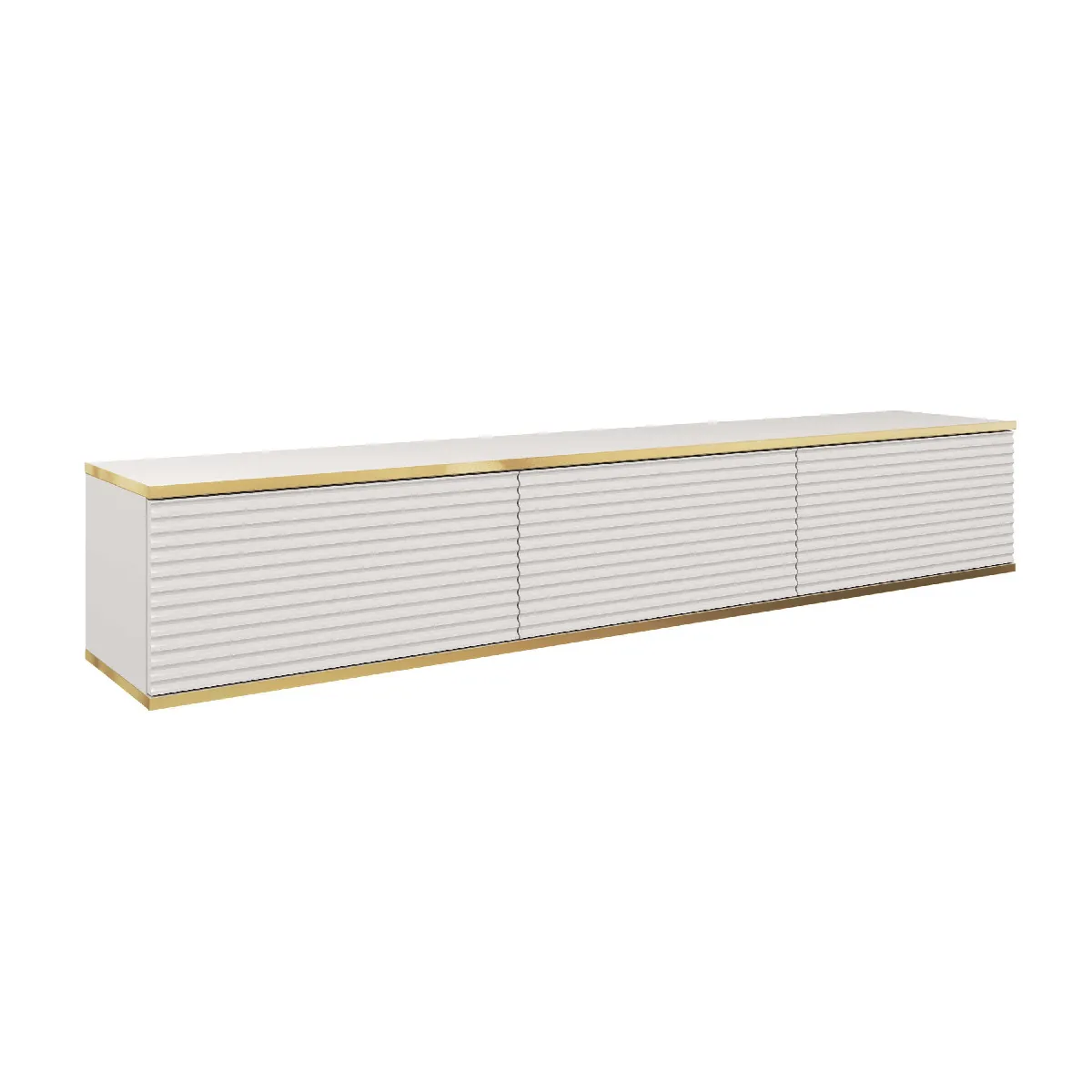 Meuble TV Avec Lamelles Blanc, pieds Or, 175 x 32 x 53 cm, Push to Open
