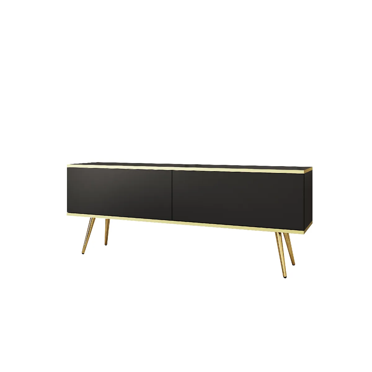 Meuble TV, Noir, pieds Or, 135 x 32 x 53 cm, Push to Open