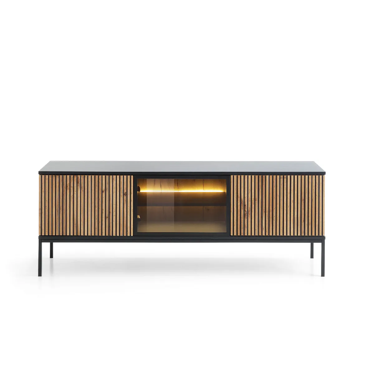 Meuble TV moderne avec façade cannelée, 154 x 56 x 39 cm, noir / chêne Wotan