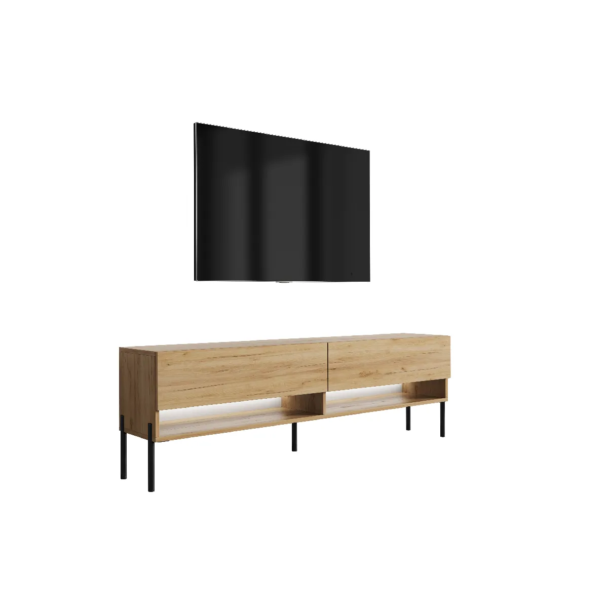 Meuble TV 170 cm Chêne Craft, pieds droits noirs, LED blanche, 170 x 32 x 52 cm