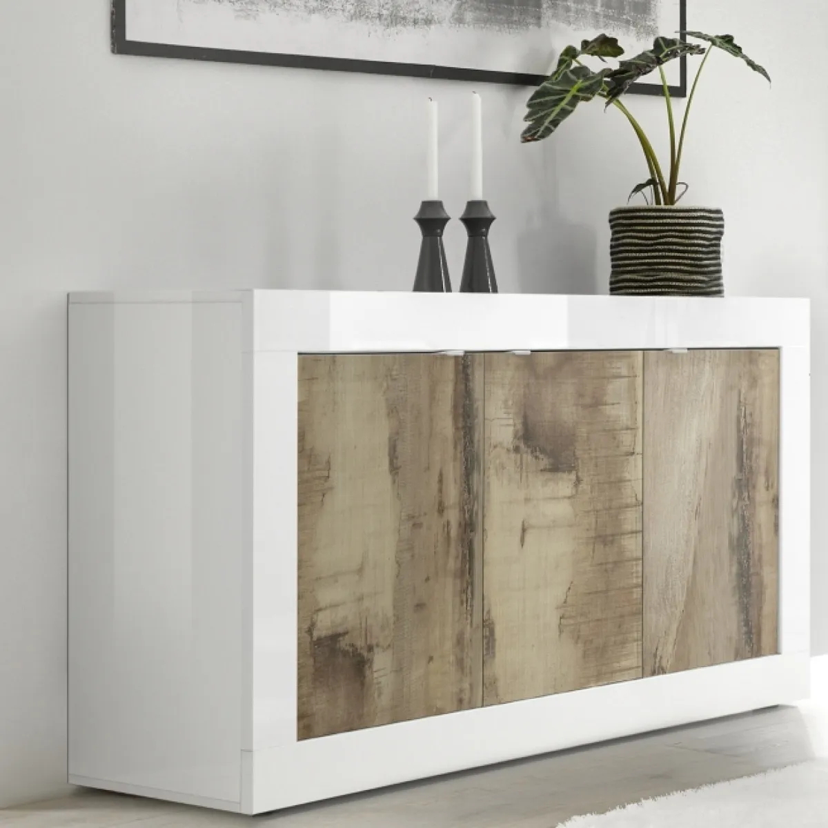 Buffet Bas Moderne Blanc Et Bois 3 Portes 160cm Calia