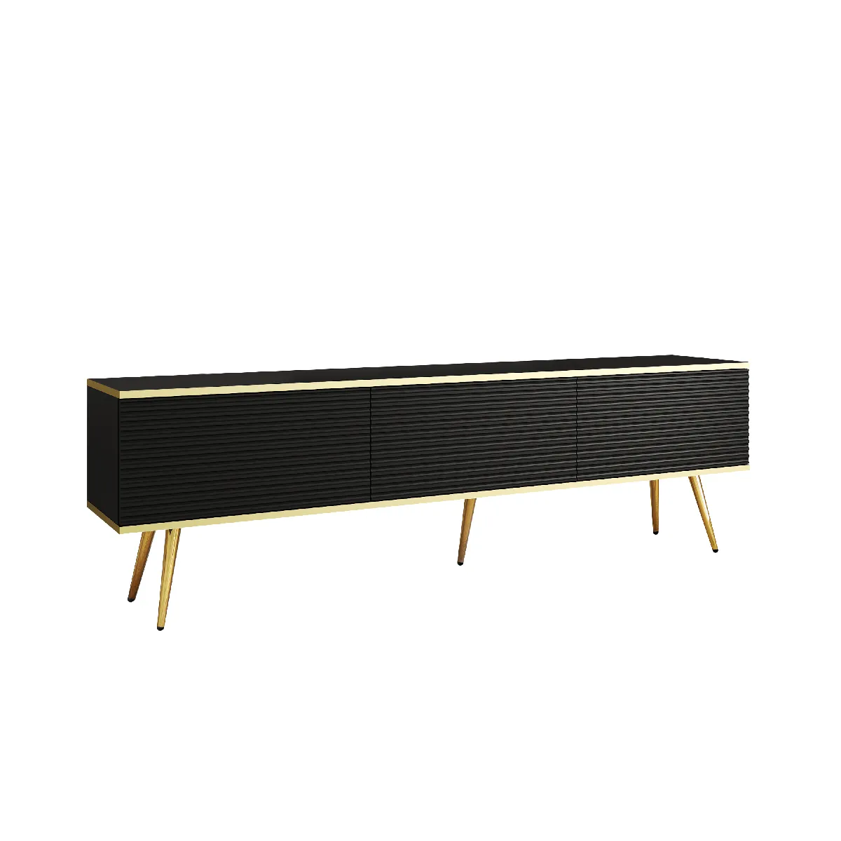 Meuble TV Avec Lamelles Noir, pieds Or, 175 x 32 x 53 cm, Push to Open
