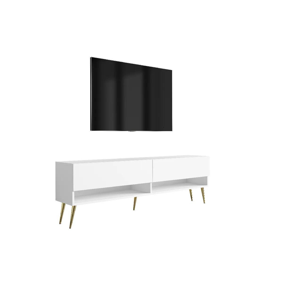 Meuble TV 170 cm Blanc Mat, pieds obliques dorés, 170 x 32 x 52 cm